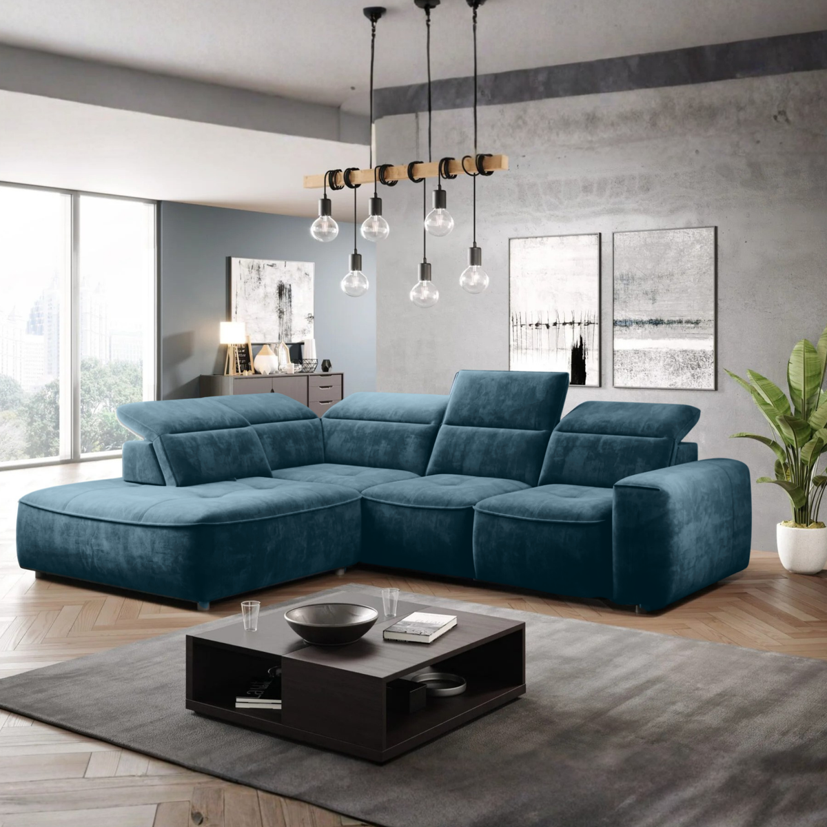 Coltar COLOMBO L, sezlong stanga, stofa catifelata albastru - Palladium 13, cu lada depozitare, reglaj electric, tetiere, spatar si sezut reglabile, 296x227x103 cm