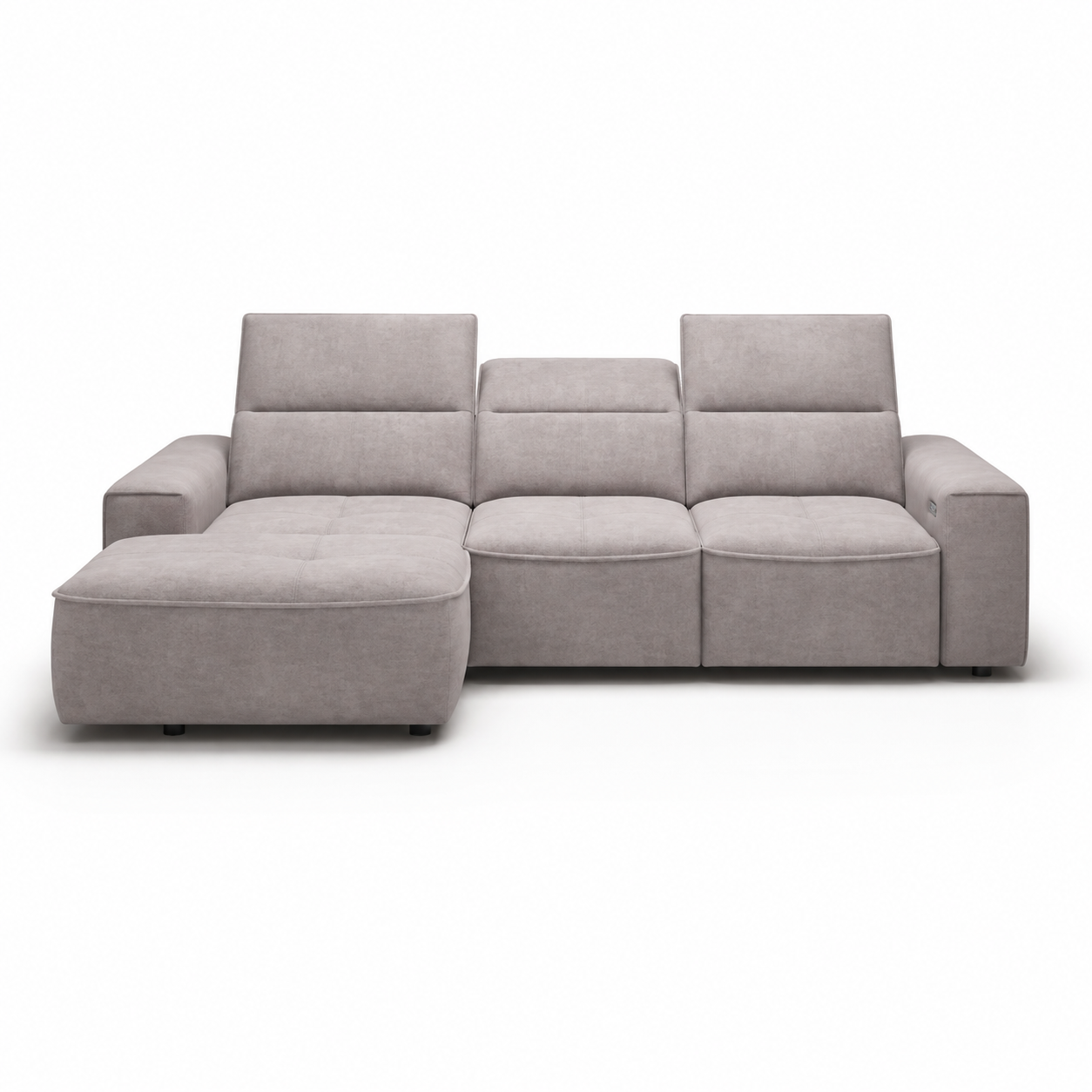Coltar COLOMBO MINI, sezlong stanga, stofa catifelata bej - Whisper 03, cu reglaj electric, tetiere reglabile si lada depozitare, 275x182x103 cm