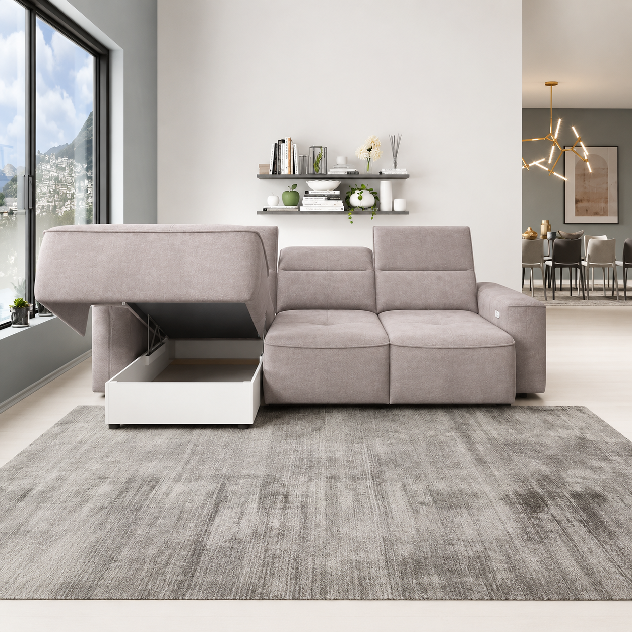 Coltar COLOMBO MINI, sezlong stanga, stofa catifelata bej - Whisper 03, cu reglaj electric, tetiere reglabile si lada depozitare, 275x182x103 cm
