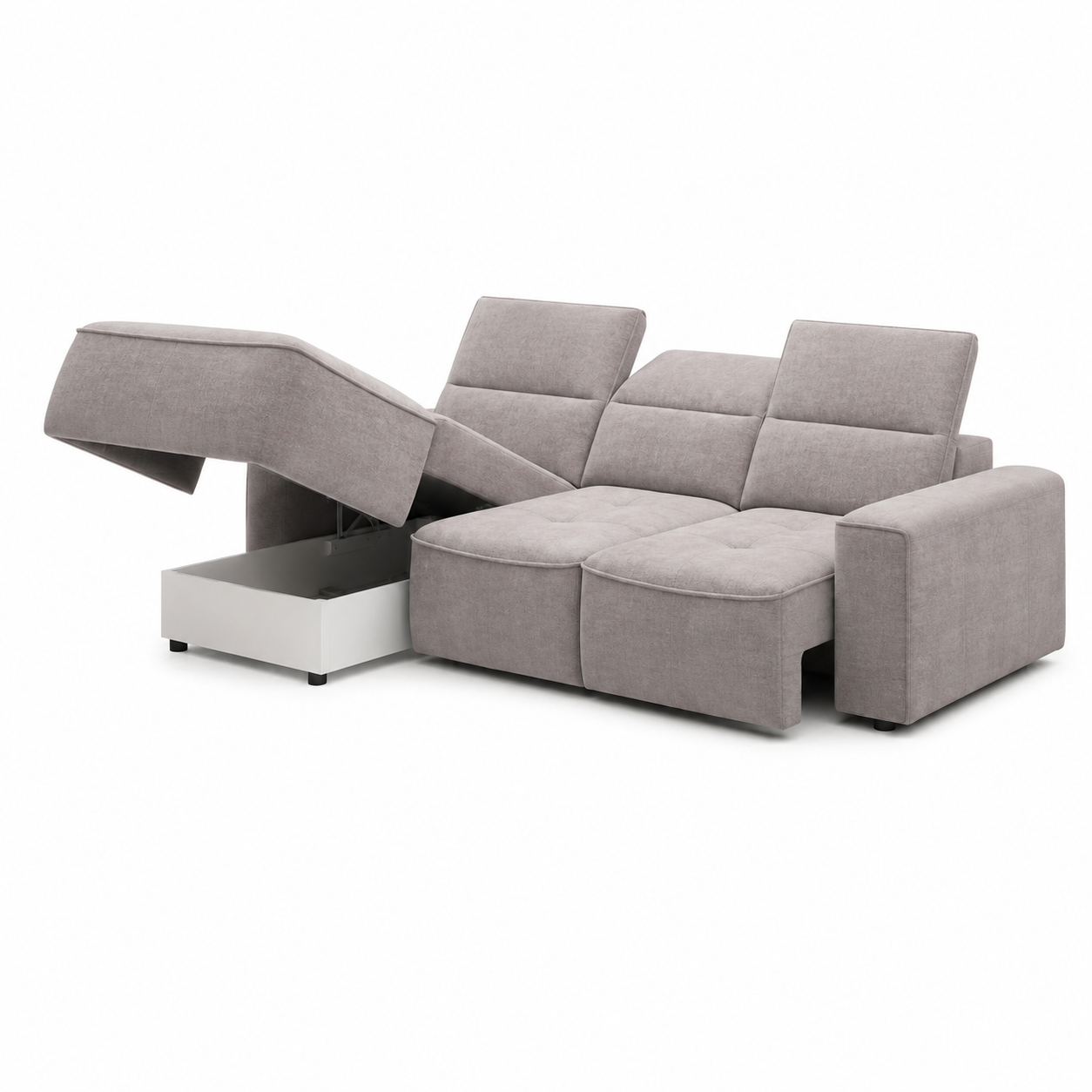 Coltar COLOMBO MINI, sezlong stanga, stofa catifelata bej - Whisper 03, cu reglaj electric, tetiere reglabile si lada depozitare, 275x182x103 cm