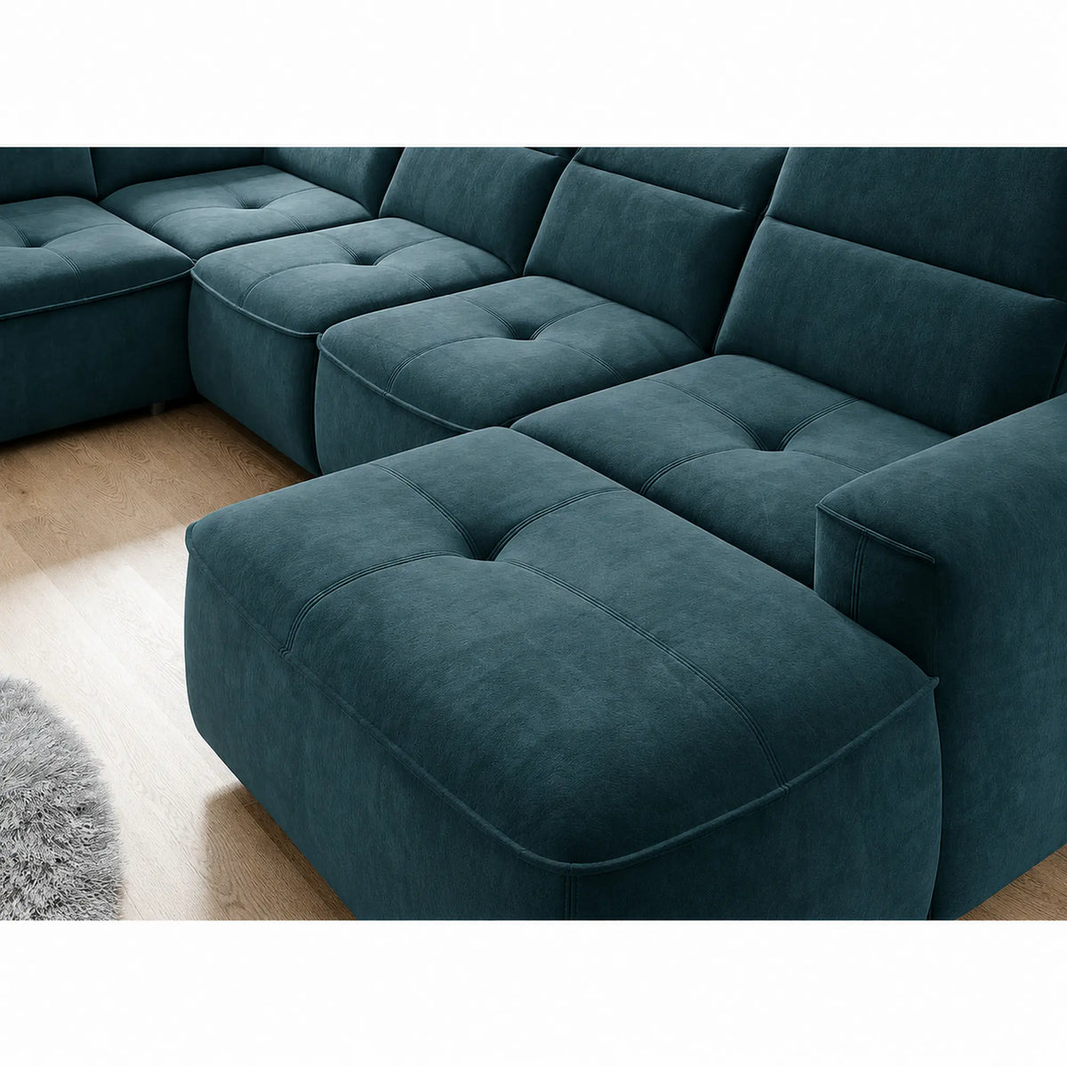 Coltar COLOMBO XL, sezlong stanga, stofa catifelata albastru azur - Element 14, cu lada depozitare si reglaj electric, 376x227x103 cm