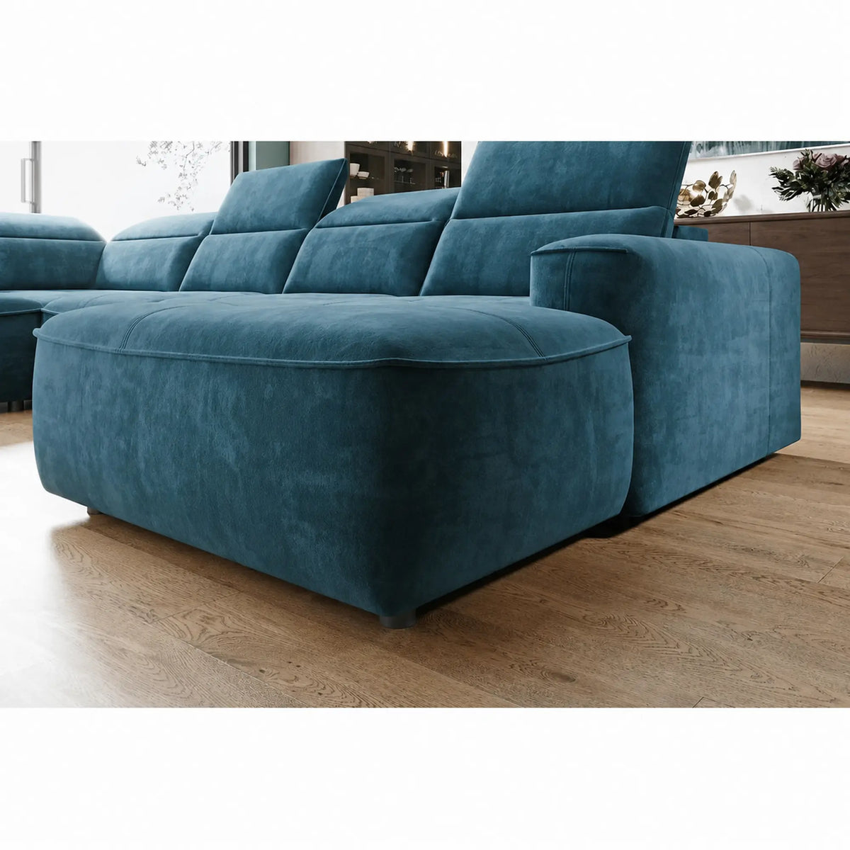 Coltar COLOMBO XL, sezlong stanga, stofa catifelata albastru azur - Element 14, cu lada depozitare si reglaj electric, 376x227x103 cm