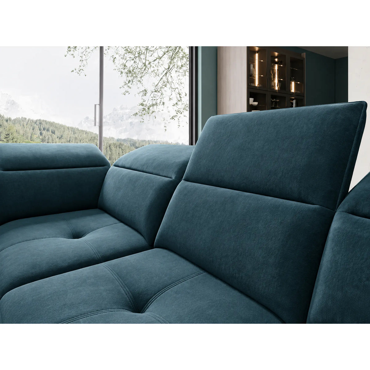 Coltar COLOMBO XL, sezlong stanga, stofa catifelata albastru azur - Element 14, cu lada depozitare si reglaj electric, 376x227x103 cm