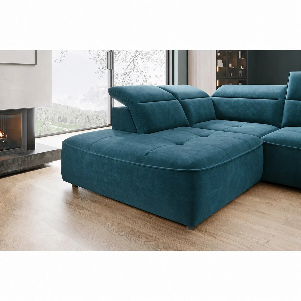 Coltar COLOMBO XL, sezlong stanga, stofa catifelata albastru azur - Element 14, cu lada depozitare si reglaj electric, 376x227x103 cm