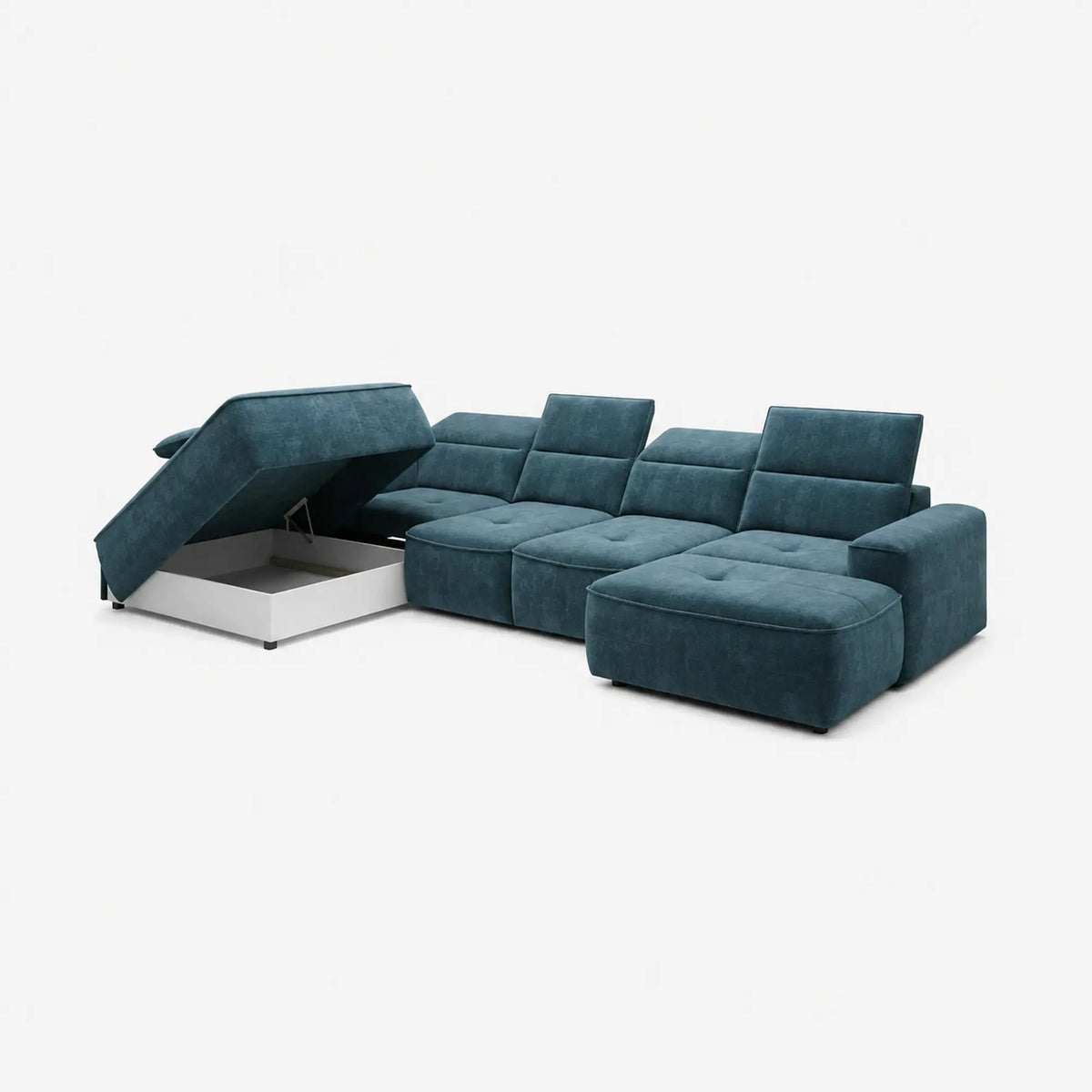 Coltar COLOMBO XL, sezlong stanga, stofa catifelata albastru azur - Element 14, cu lada depozitare si reglaj electric, 376x227x103 cm