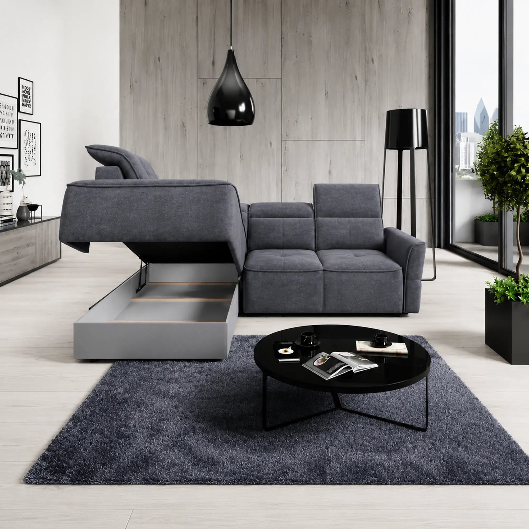 Coltar MURILLO L, sezlong stanga, stofa catifelata gri antracit - Whisper 18, cu reglaj electric, tetiere reglabile si lada depozitare, 261x218x100 cm