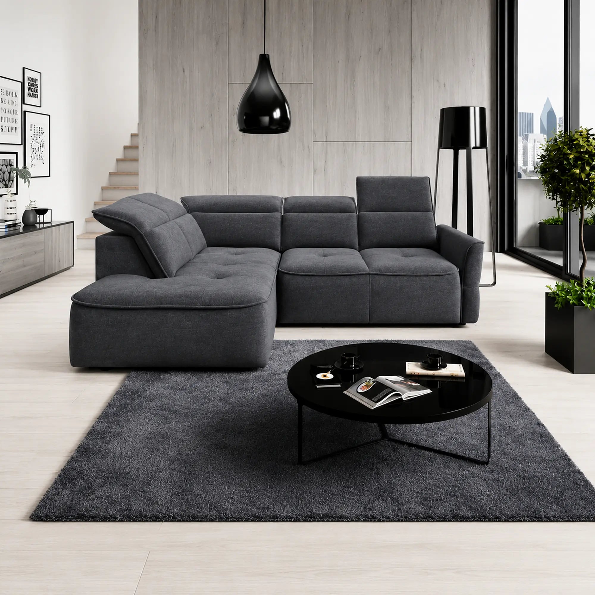 Coltar MURILLO L, sezlong stanga, stofa catifelata gri antracit - Whisper 18, cu reglaj electric, tetiere reglabile si lada depozitare, 261x218x100 cm