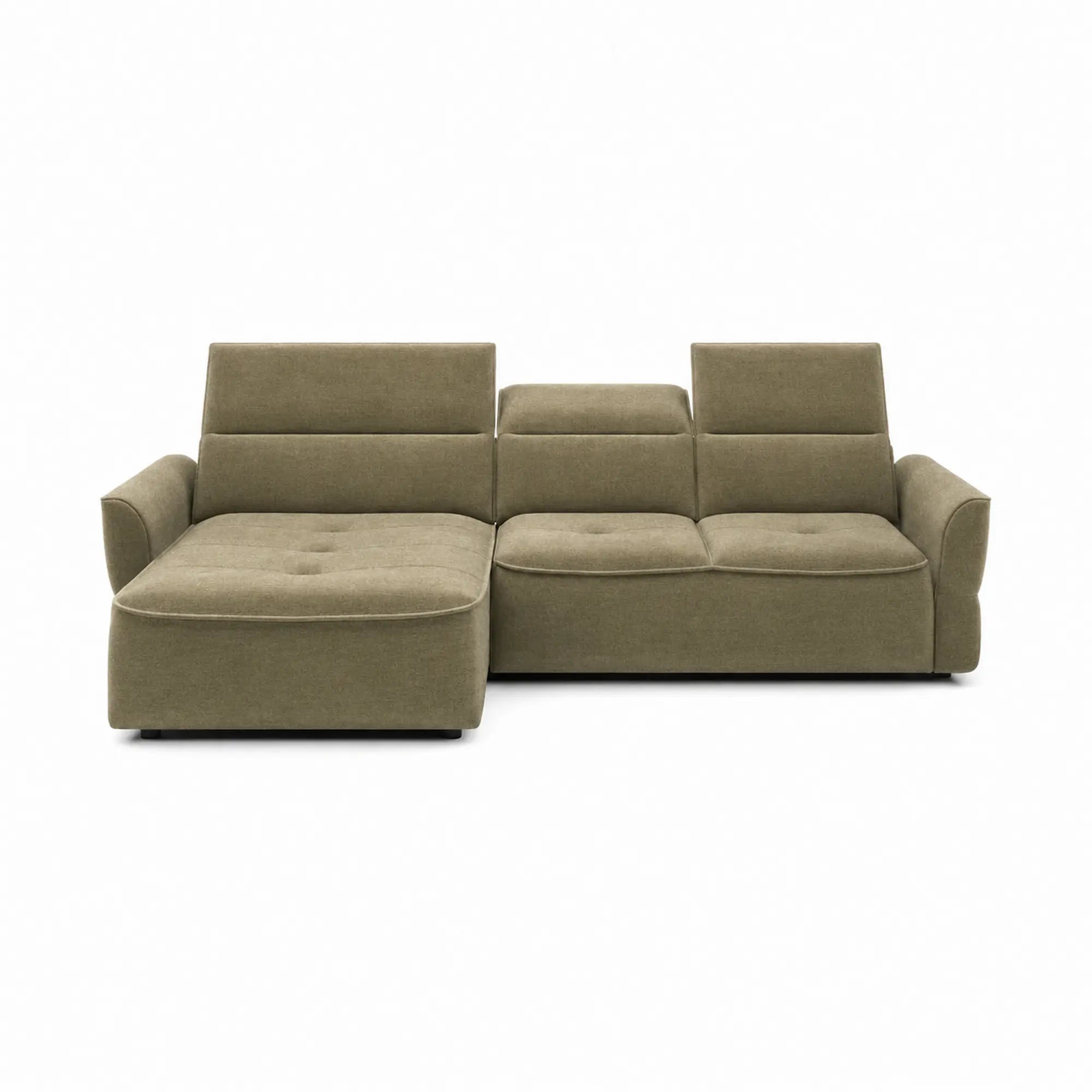 Coltar MURILLO MINI, sezlong stanga, stofa catifelata verde olive - Salvador 10, cu reglaj electric, tetiere reglabile si lada depozitare 260x175x87/100 cm