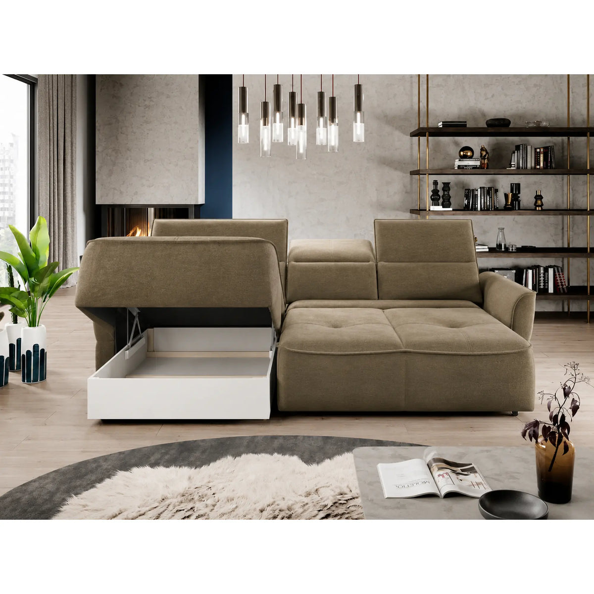 Coltar MURILLO MINI, sezlong stanga, stofa catifelata verde olive - Salvador 10, cu reglaj electric, tetiere reglabile si lada depozitare 260x175x87/100 cm