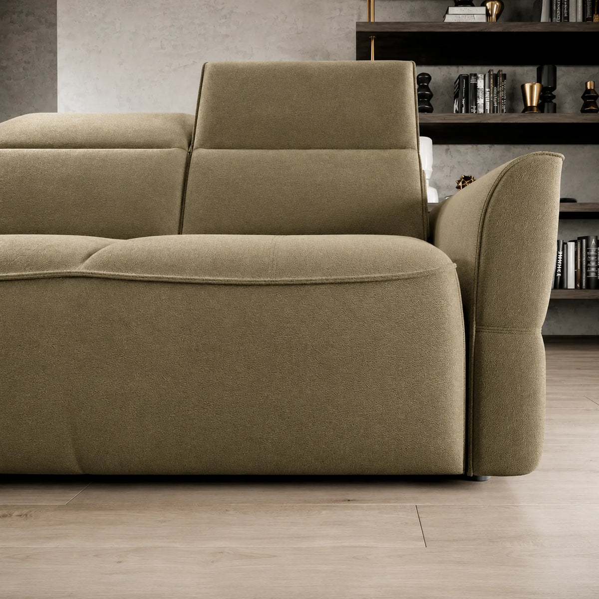Coltar MURILLO MINI, sezlong stanga, stofa catifelata verde olive - Salvador 10, cu reglaj electric, tetiere reglabile si lada depozitare 260x175x87/100 cm