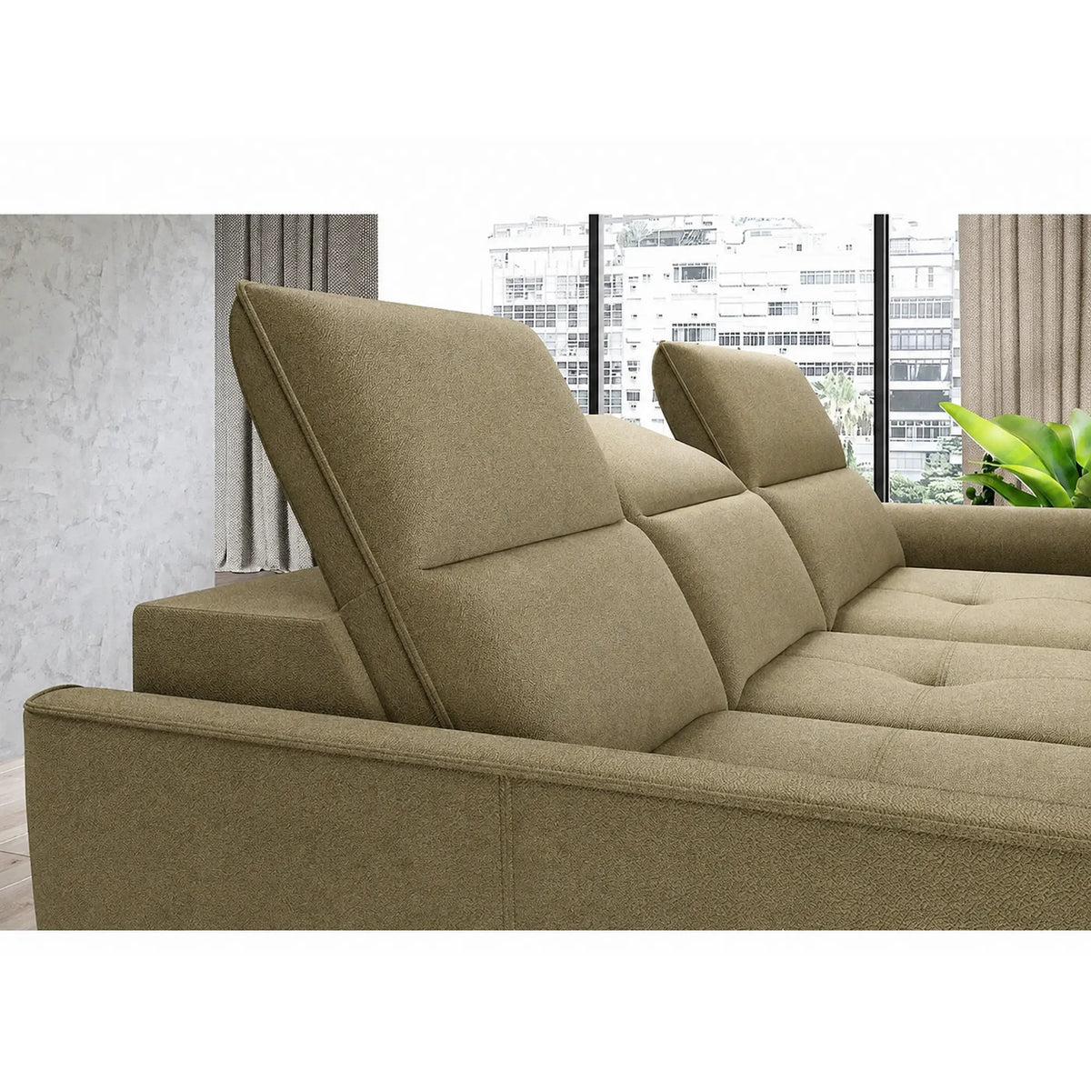 Coltar MURILLO MINI, sezlong stanga, stofa catifelata verde olive - Salvador 10, cu reglaj electric, tetiere reglabile si lada depozitare 260x175x87/100 cm