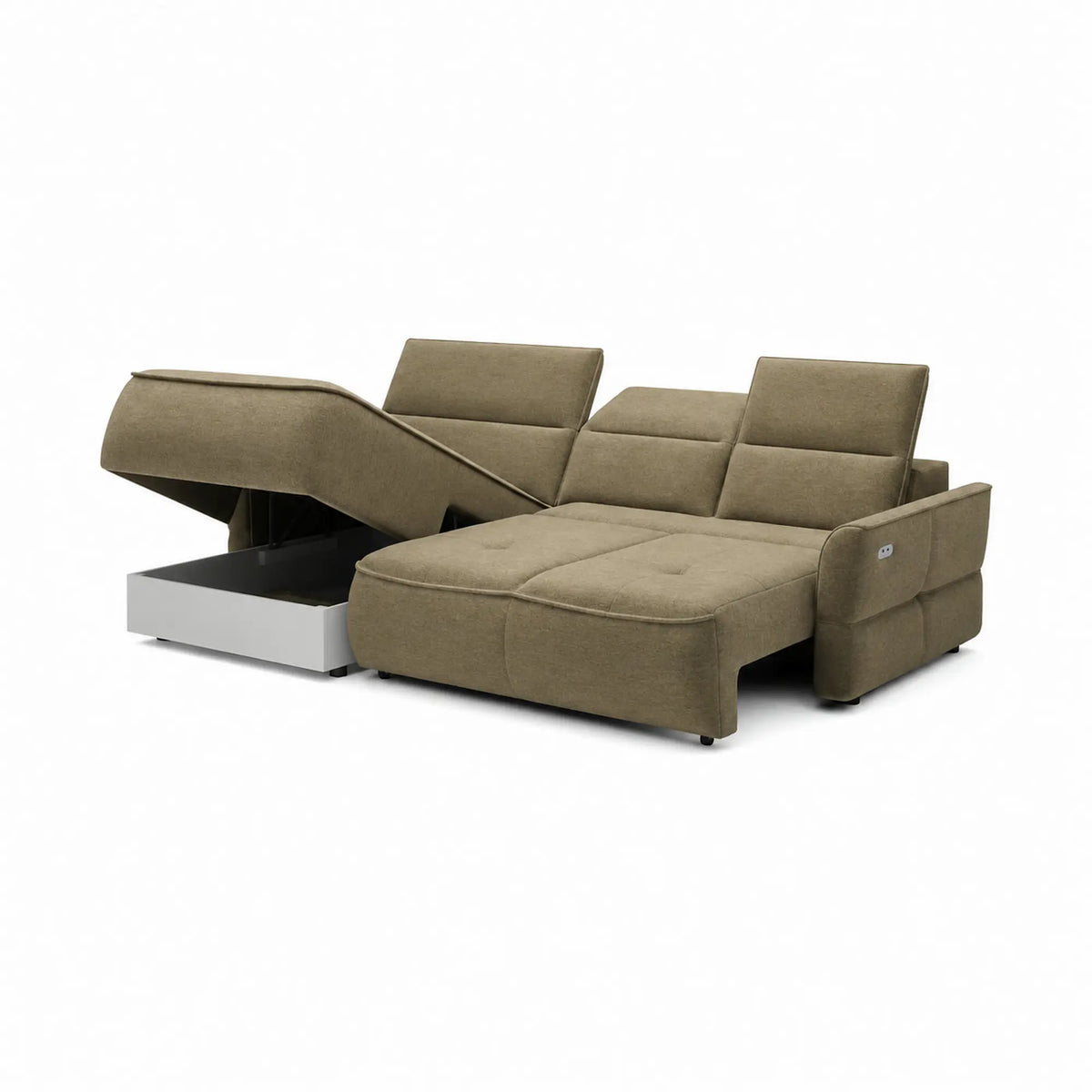 Coltar MURILLO MINI, sezlong stanga, stofa catifelata verde olive - Salvador 10, cu reglaj electric, tetiere reglabile si lada depozitare 260x175x87/100 cm