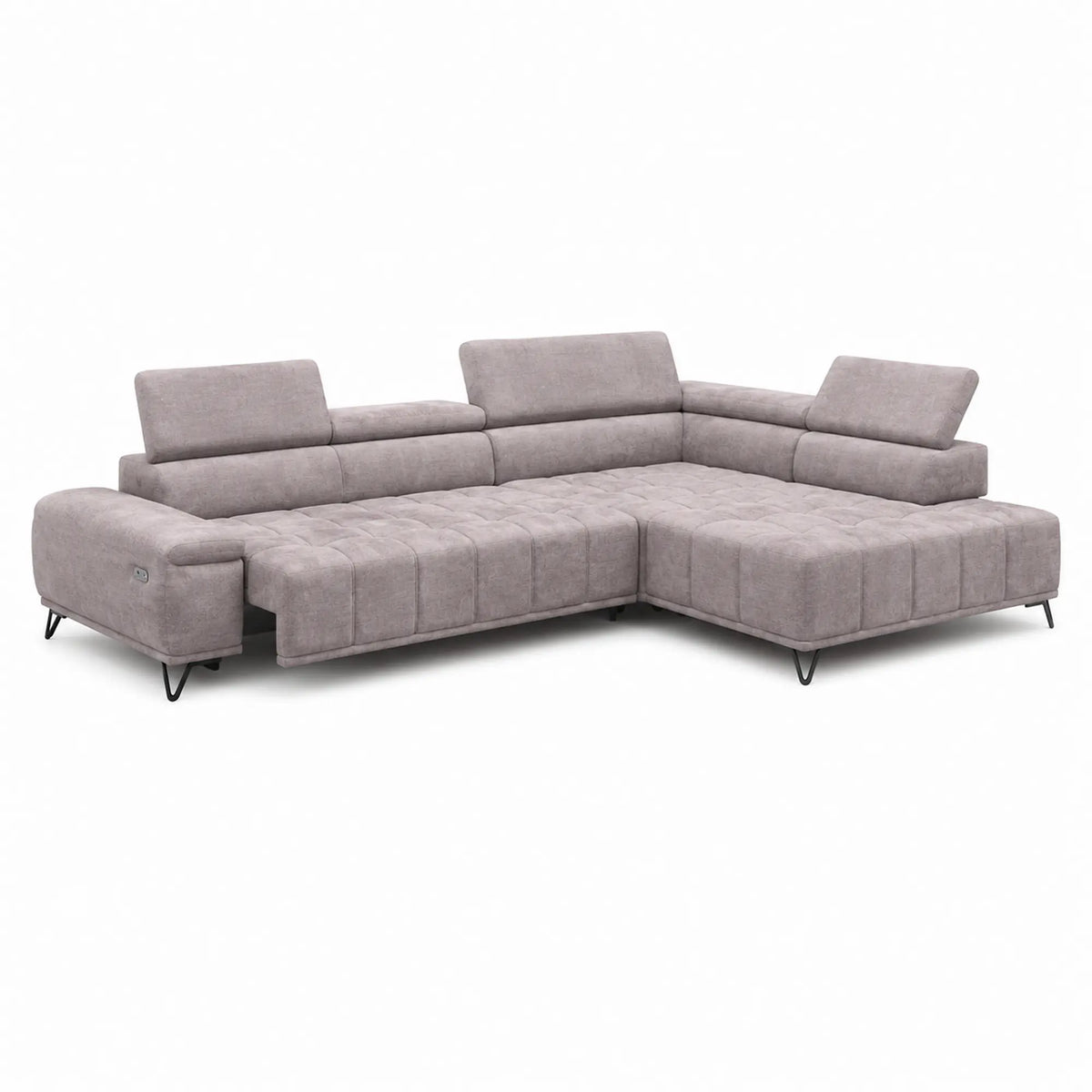 Coltar PALLADIO L, sezlong dreapta, stofa catifelata bej - Whisper 03, cu reglaj electric si tetiere reglabile, 320x220x99 cm