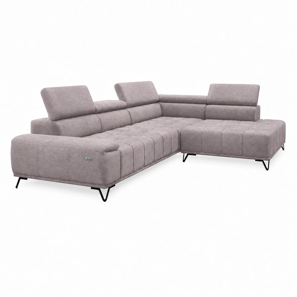 Coltar PALLADIO L, sezlong dreapta, stofa catifelata bej - Whisper 03, cu reglaj electric si tetiere reglabile, 320x220x99 cm