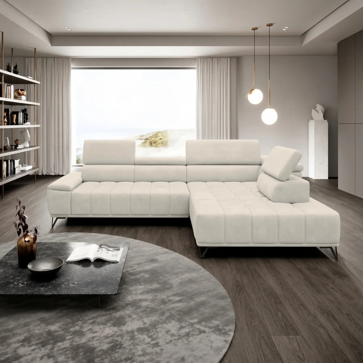 Coltar PALLADIO L, sezlong dreapta, stofa catifelata crem - Salvador 01, cu reglaj electric si tetiere reglabile, 320x220x99 cm