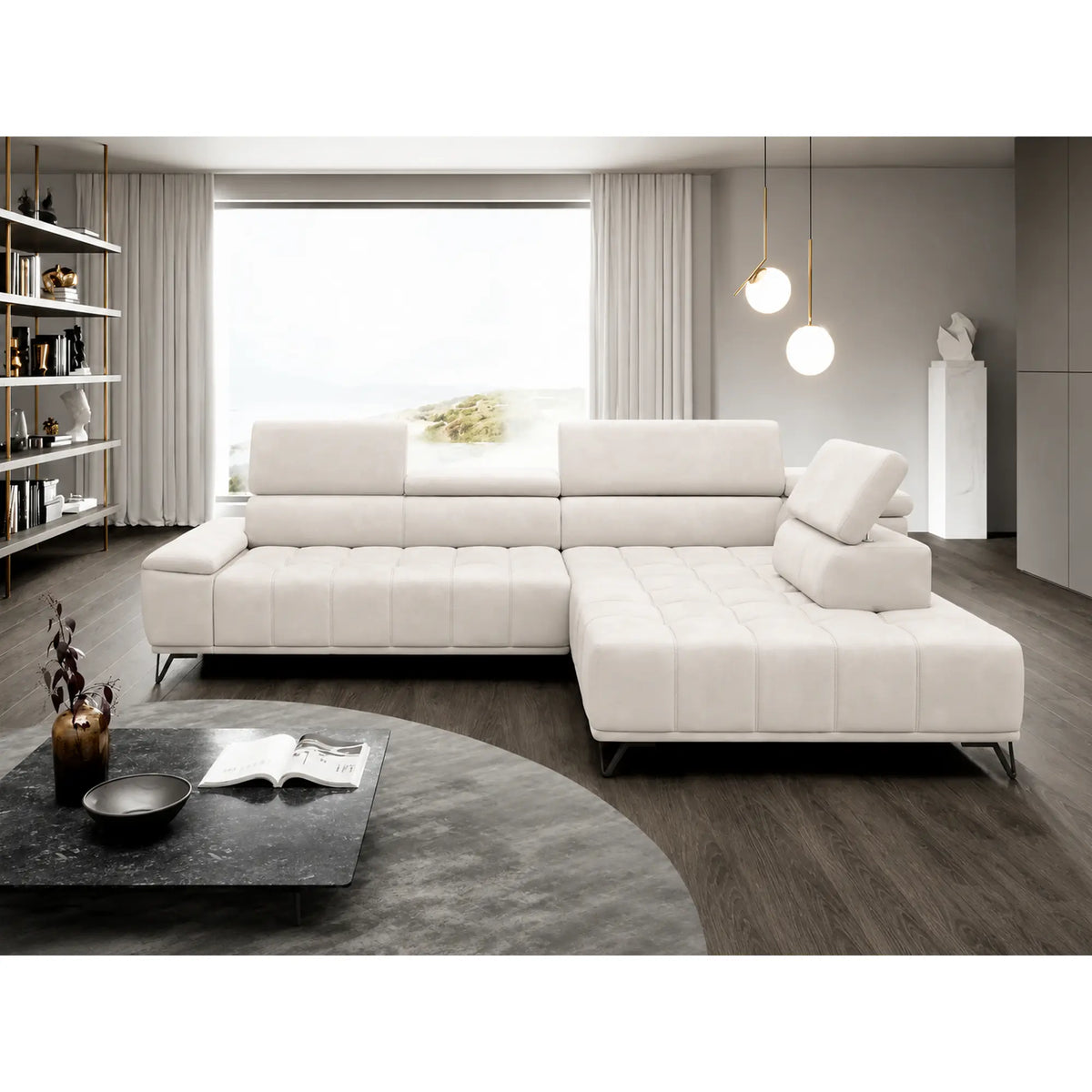 Coltar PALLADIO L, sezlong dreapta, stofa catifelata crem - Salvador 01, cu reglaj electric si tetiere reglabile, 320x220x99 cm