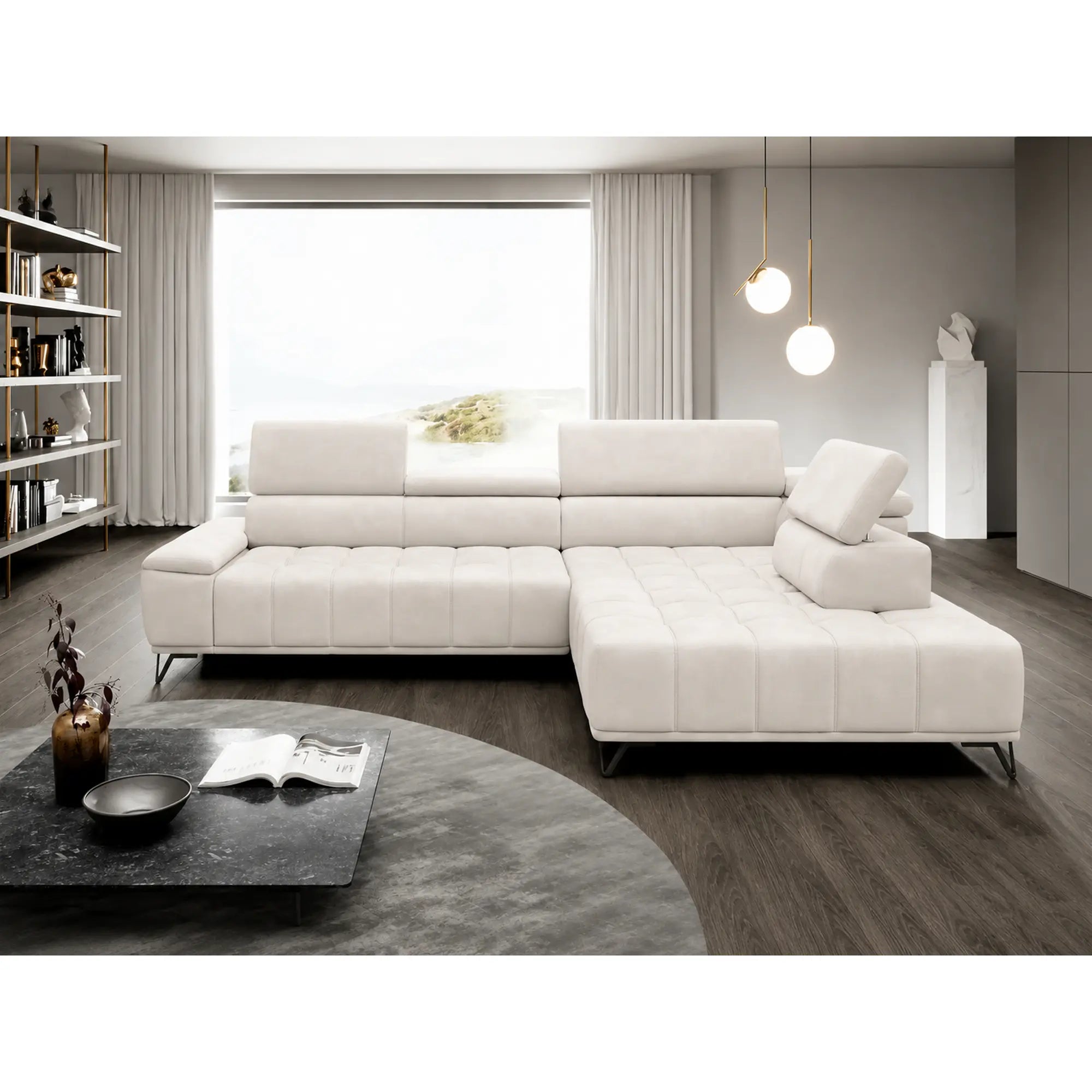 Coltar PALLADIO L, sezlong dreapta, stofa catifelata crem - Salvador 01, cu reglaj electric si tetiere reglabile, 320x220x99 cm