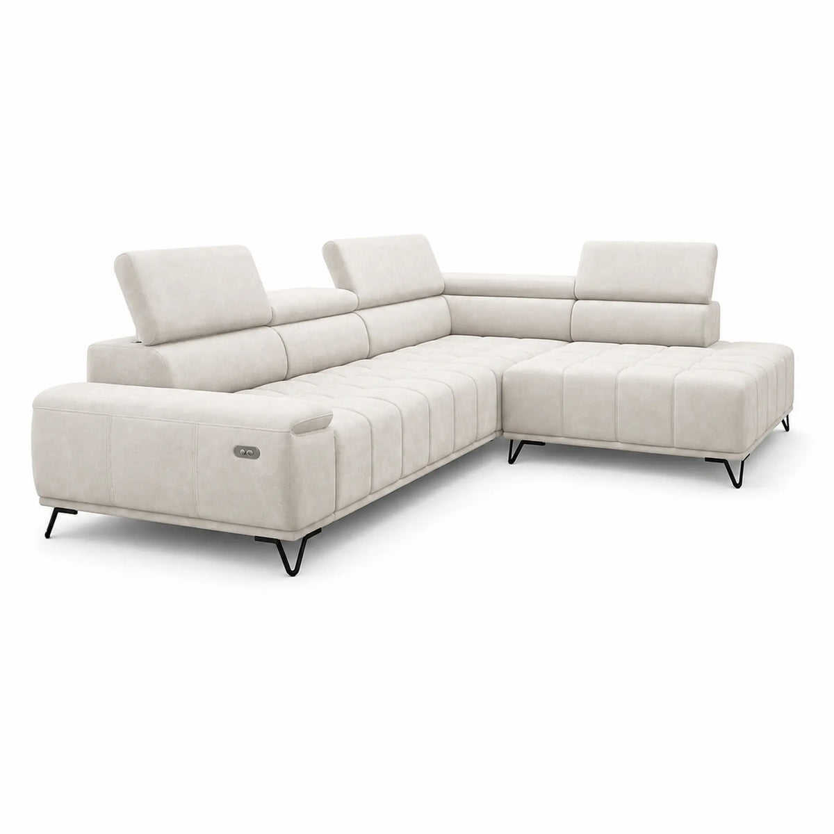 Coltar PALLADIO L, sezlong dreapta, stofa catifelata crem - Salvador 01, cu reglaj electric si tetiere reglabile, 320x220x99 cm