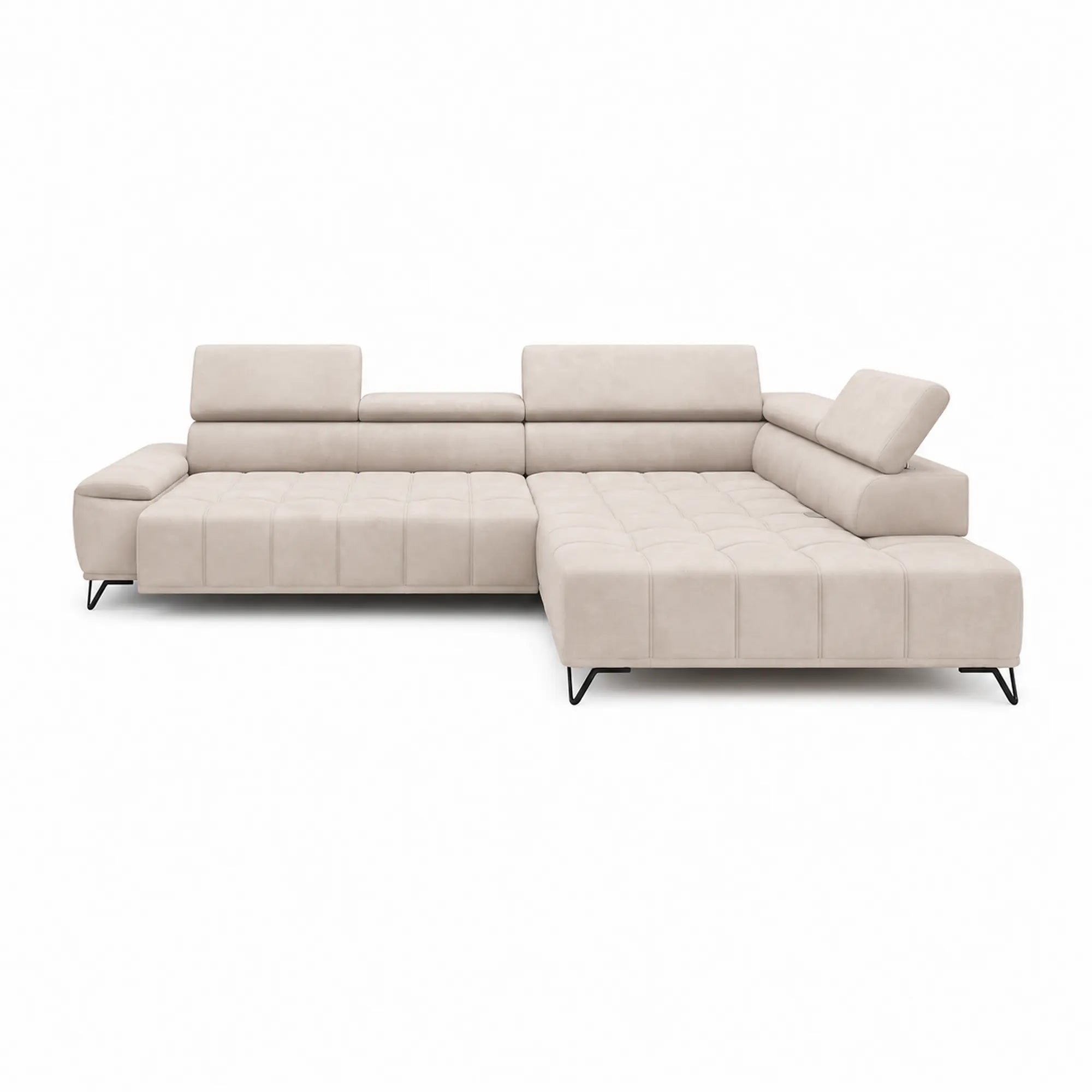 Coltar PALLADIO L, sezlong dreapta, stofa catifelata crem - Salvador 01, cu reglaj electric si tetiere reglabile, 320x220x99 cm