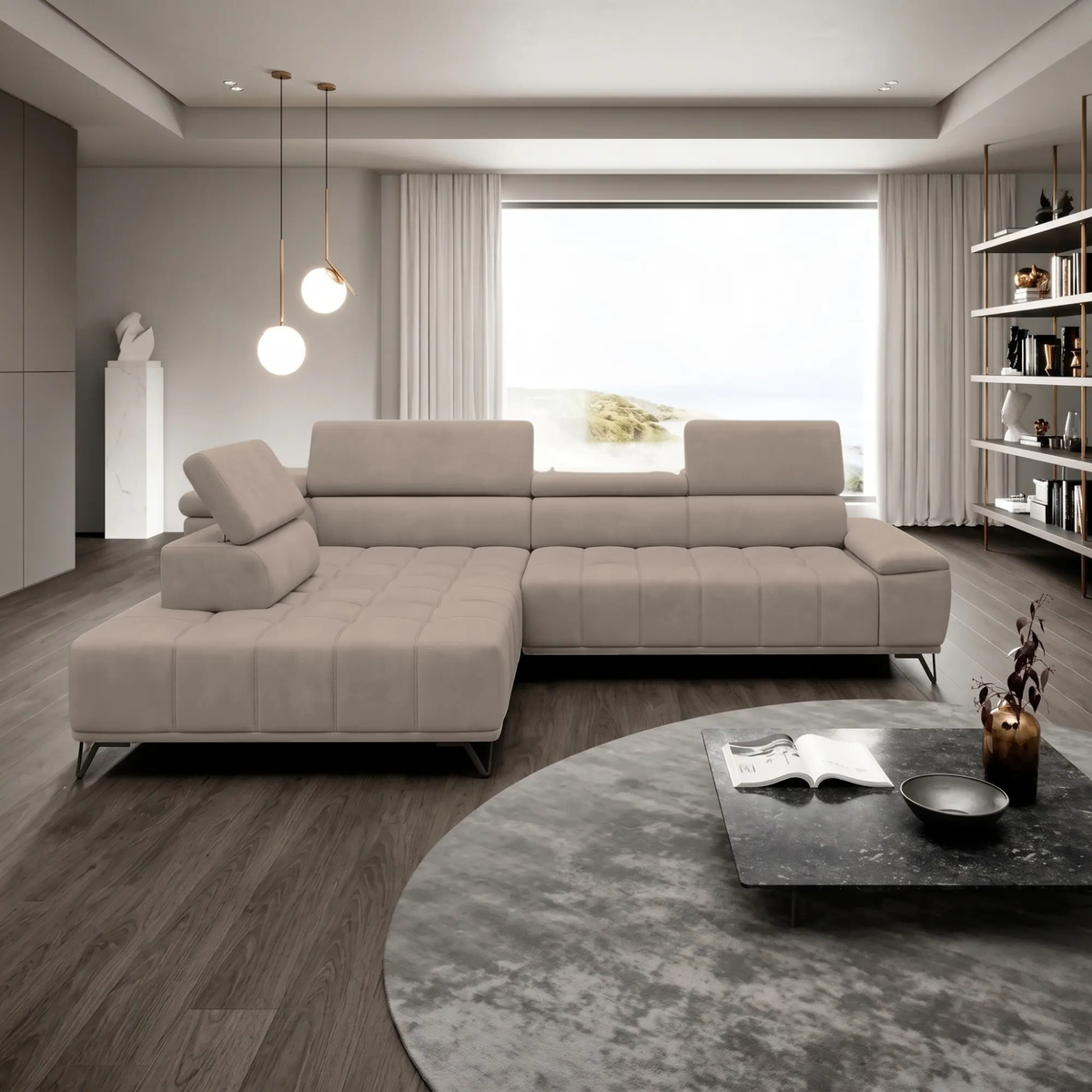 Coltar PALLADIO L, sezlong stanga, stofa catifelata bej - Vogue 02, cu reglaj electric si tetiere reglabile, 320x220x99 cm