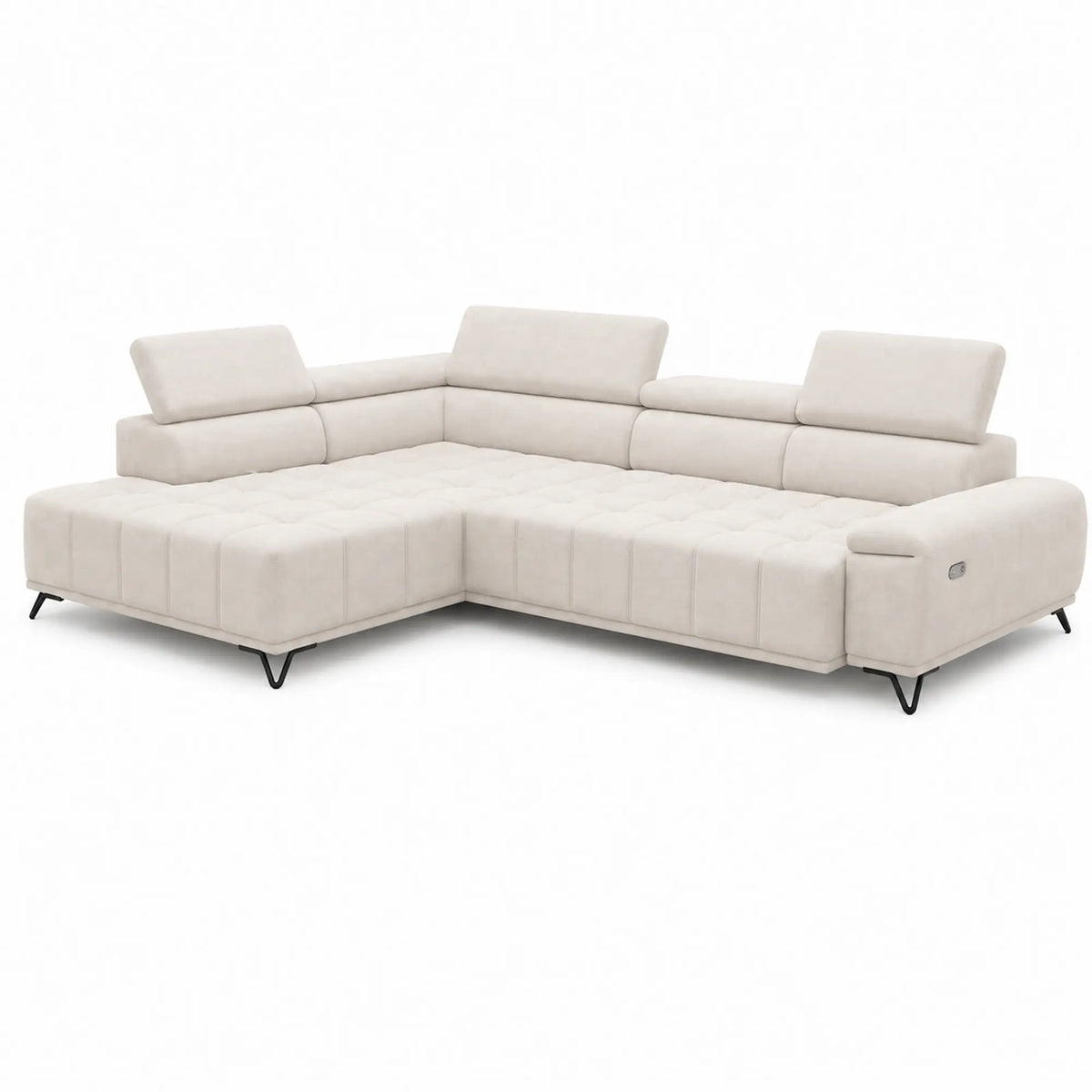 Coltar PALLADIO L, sezlong stanga, stofa catifelata crem - Salvador 01, cu reglaj electric si tetiere reglabile, 320x220x99 cm