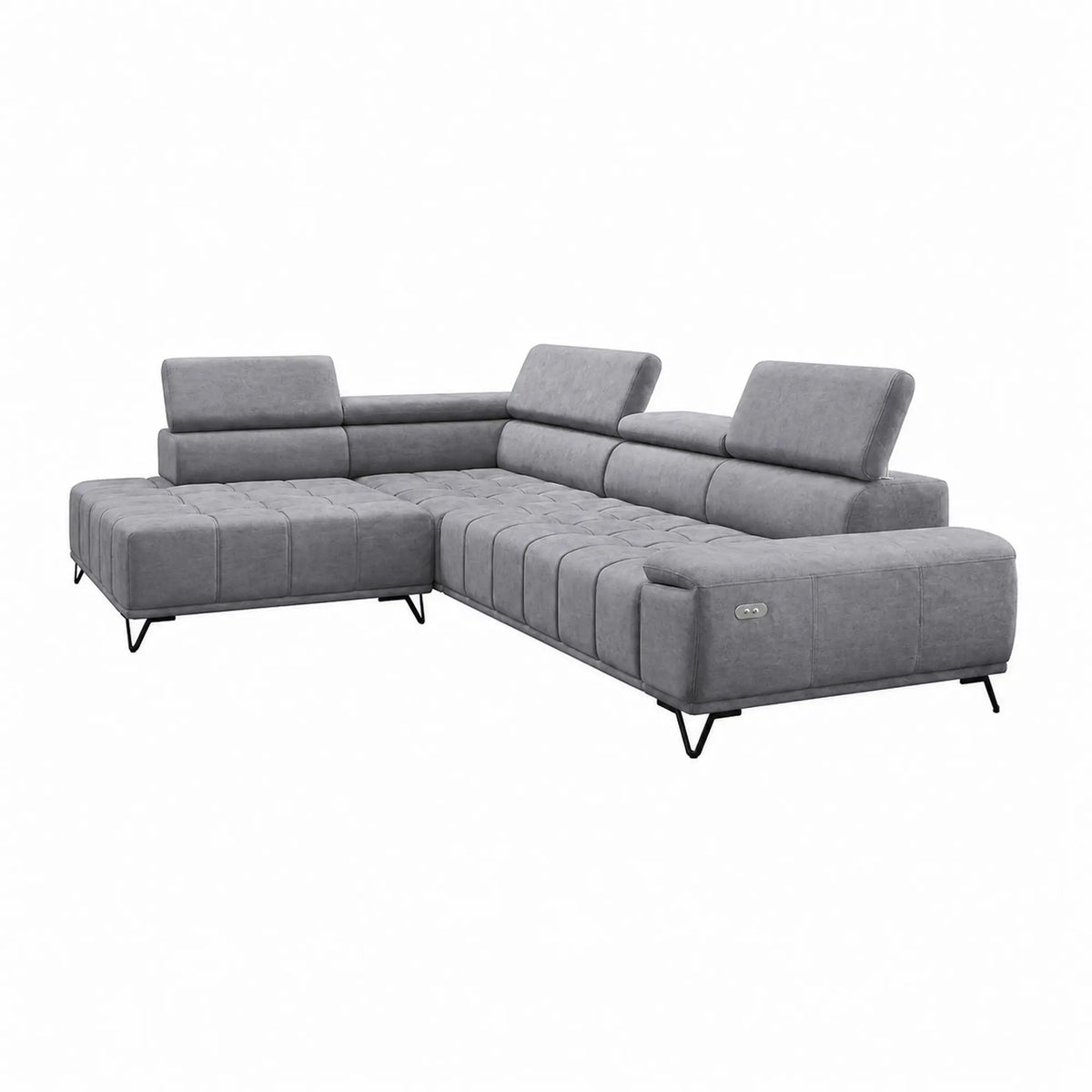 Coltar PALLADIO L, sezlong stanga, stofa catifelata gri - Whisper 17, cu reglaj electric si tetiere reglabile, 320x220x99 cm