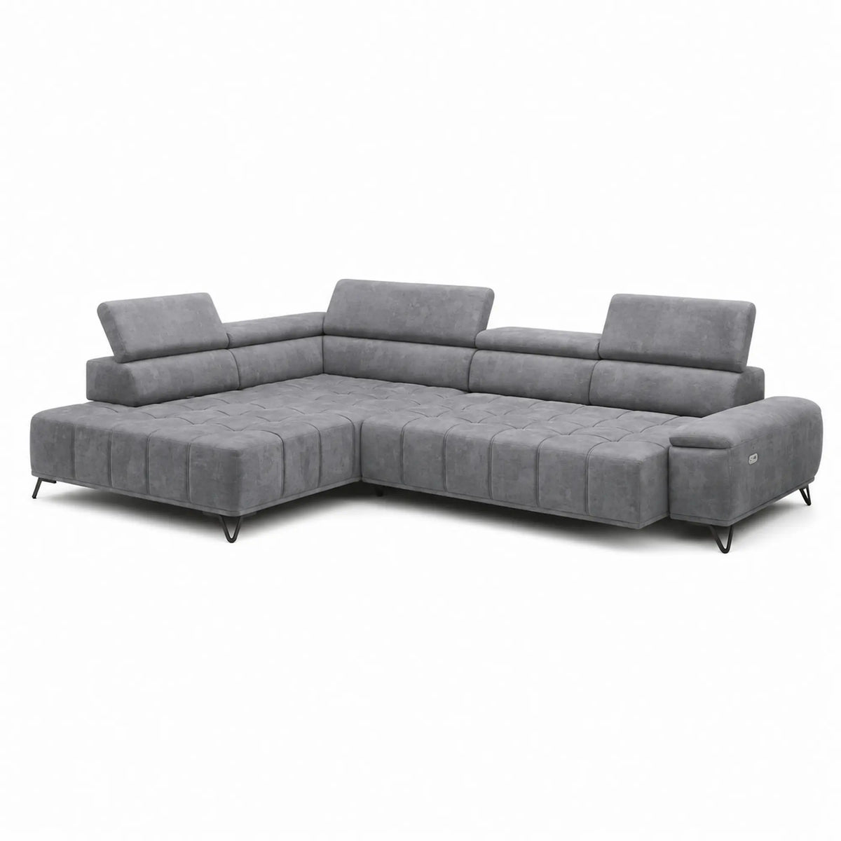 Coltar PALLADIO L, sezlong stanga, stofa catifelata gri - Whisper 17, cu reglaj electric si tetiere reglabile, 320x220x99 cm