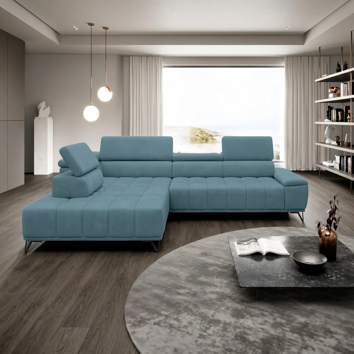 Coltar PALLADIO L, sezlong stanga, stofa catifelata turcoaz inchis - Riviera 87, cu reglaj electric si tetiere reglabile, 320x220x99 cm