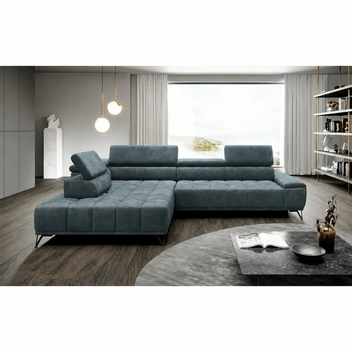 Coltar PALLADIO L, sezlong stanga, stofa catifelata turcoaz inchis - Riviera 87, cu reglaj electric si tetiere reglabile, 320x220x99 cm