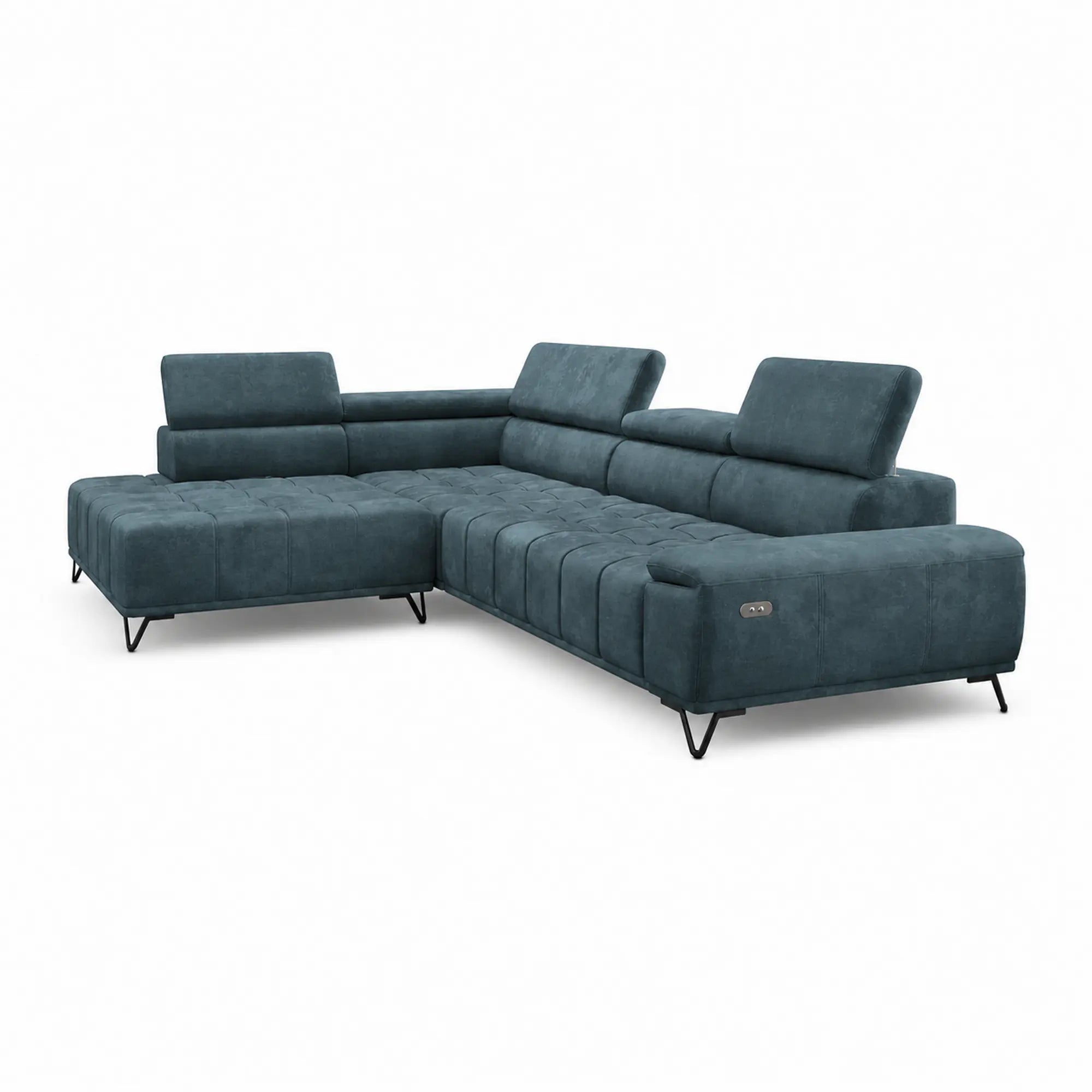Coltar PALLADIO L, sezlong stanga, stofa catifelata turcoaz inchis - Riviera 87, cu reglaj electric si tetiere reglabile, 320x220x99 cm