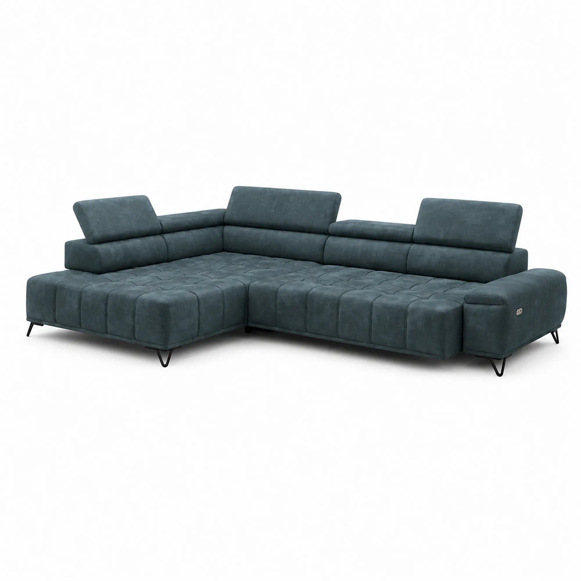 Coltar PALLADIO L, sezlong stanga, stofa catifelata turcoaz inchis - Riviera 87, cu reglaj electric si tetiere reglabile, 320x220x99 cm