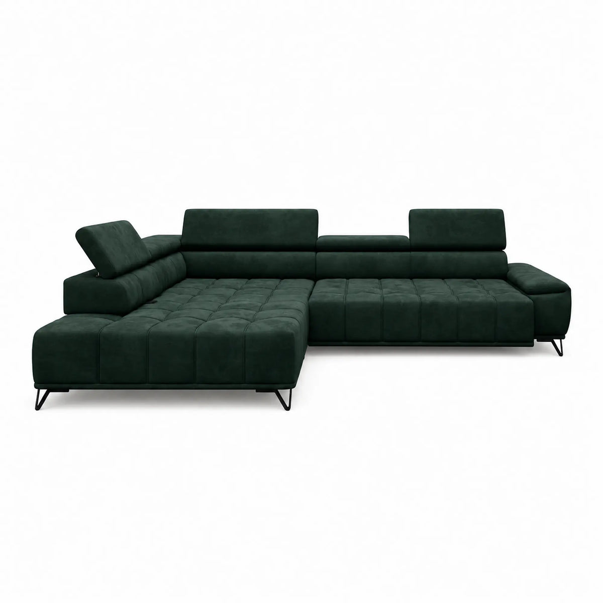 Coltar PALLADIO L, sezlong stanga, stofa catifelata verde inchis - Element 12, cu reglaj electric si tetiere reglabile, 320x220x99 cm