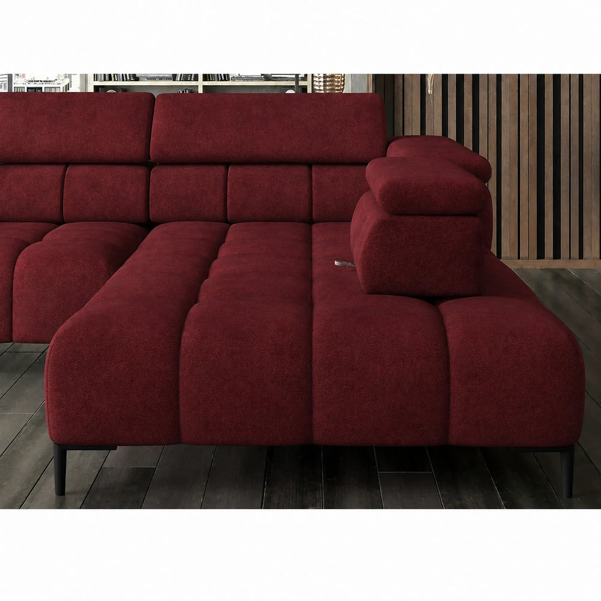 Coltar PLAZA L, sezlong dreapta, stofa catifelata rosu - Vogue 7, cu reglaj electric si tetiere reglabile, 300x216x99 cm