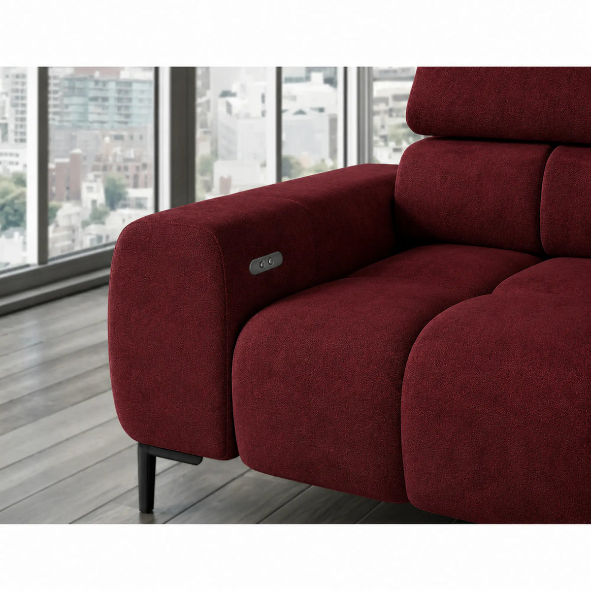 Coltar PLAZA L, sezlong dreapta, stofa catifelata rosu - Vogue 7, cu reglaj electric si tetiere reglabile, 300x216x99 cm