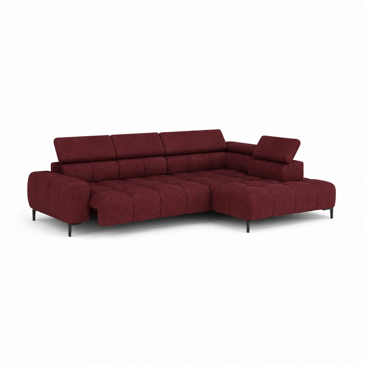 Coltar PLAZA L, sezlong dreapta, stofa catifelata rosu - Vogue 7, cu reglaj electric si tetiere reglabile, 300x216x99 cm