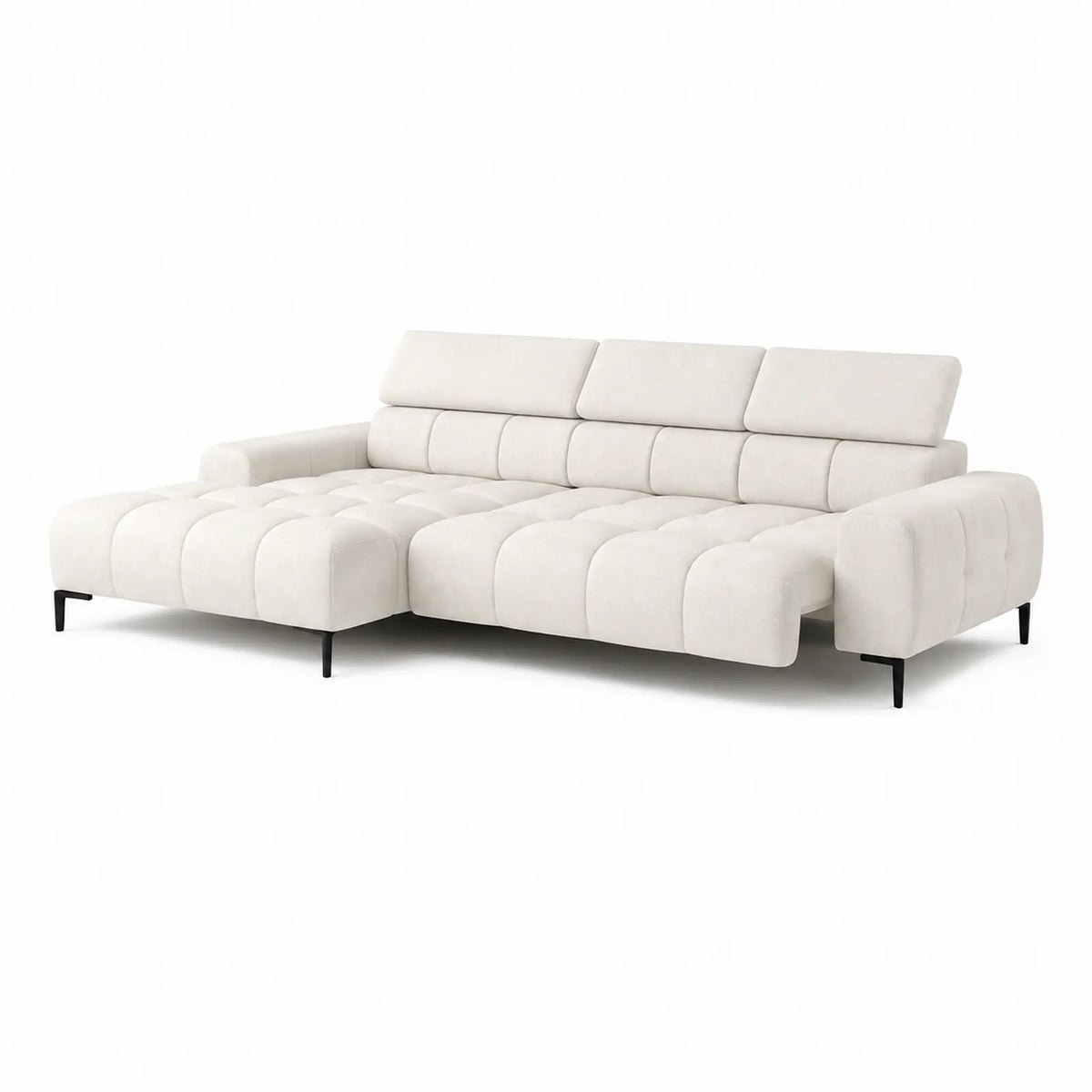 Coltar PLAZA MINI, sezlong stanga, stofa catifelata crem - Salvador 01, cu reglaj electric si tetiere reglabile, 270x177x99 cm