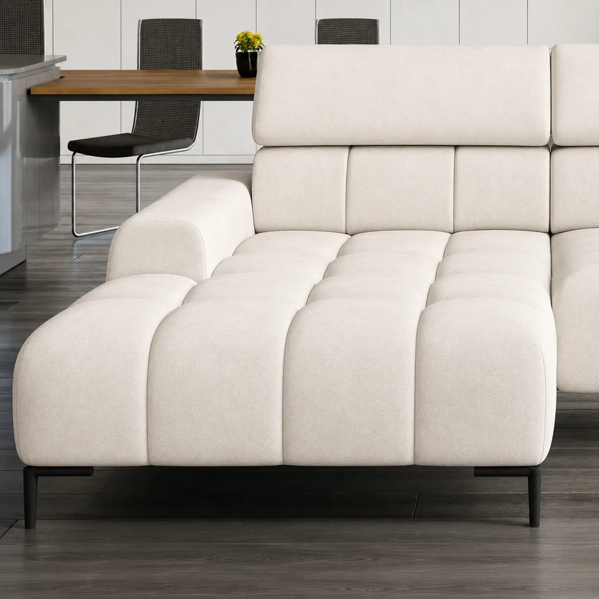 Coltar PLAZA MINI, sezlong stanga, stofa catifelata crem - Salvador 01, cu reglaj electric si tetiere reglabile, 270x177x99 cm
