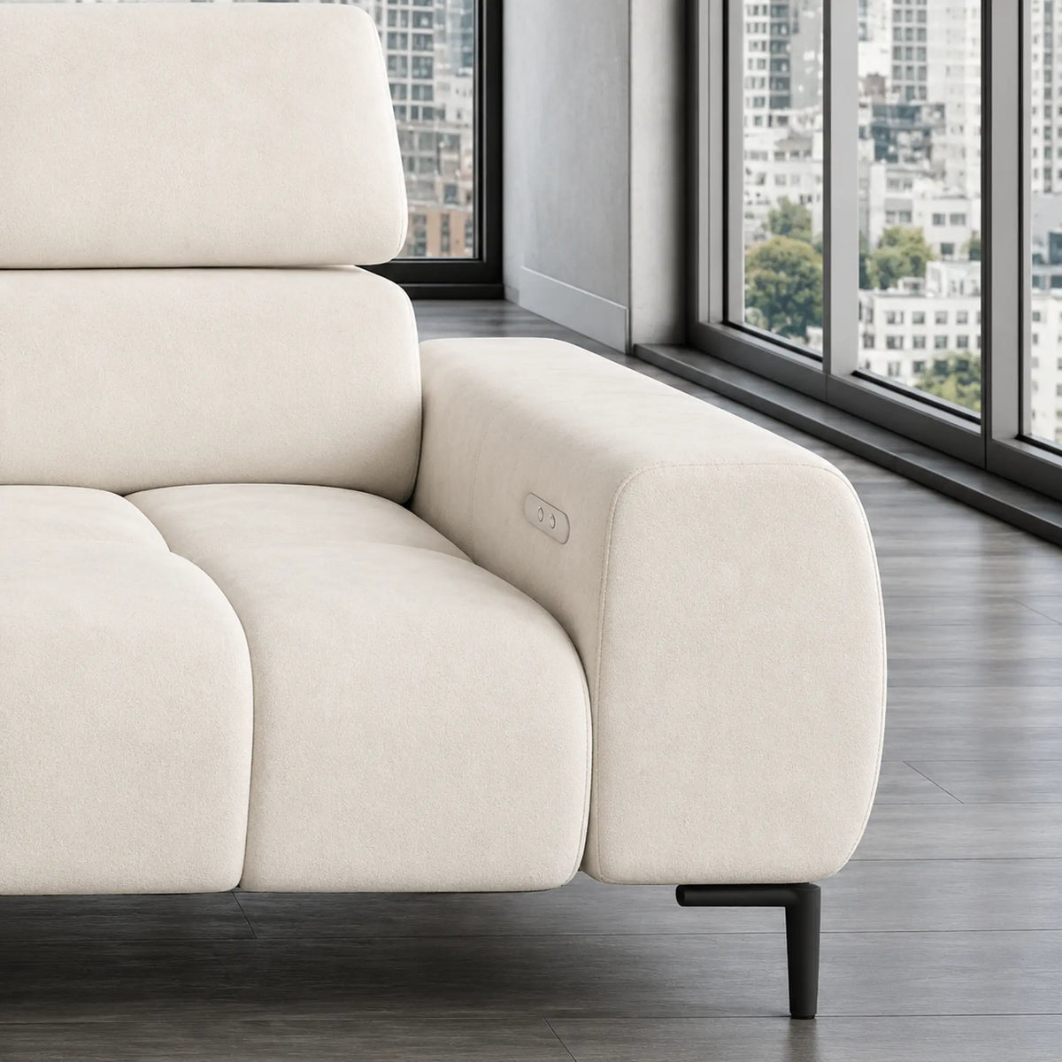 Coltar PLAZA MINI, sezlong stanga, stofa catifelata crem - Salvador 01, cu reglaj electric si tetiere reglabile, 270x177x99 cm