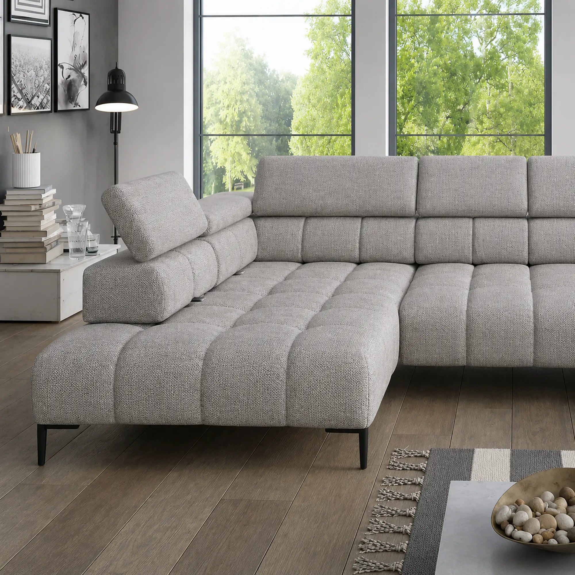 Coltar PLAZA XL, sezlong stanga, stofa clasica gri - Austin 18, cu reglaj electric si tetiere reglabile, 385x216x99 cm