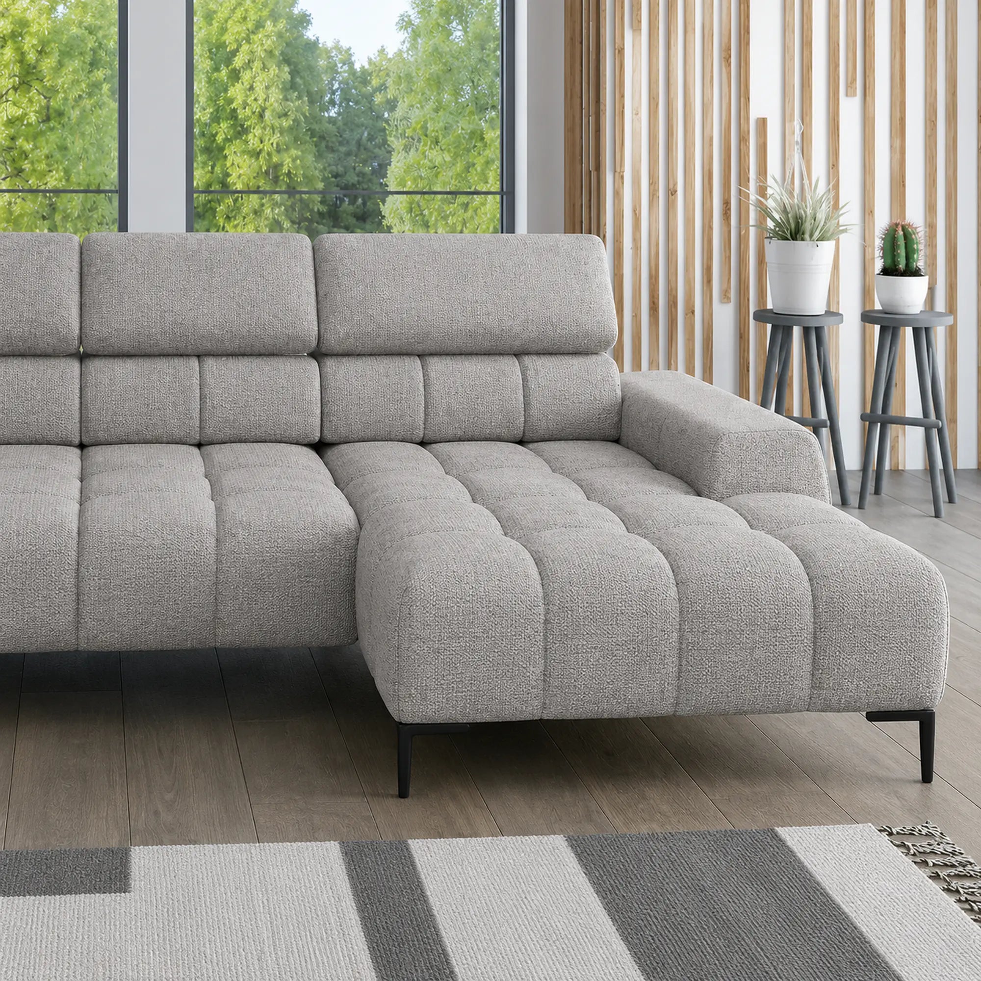 Coltar PLAZA XL, sezlong stanga, stofa clasica gri - Austin 18, cu reglaj electric si tetiere reglabile, 385x216x99 cm