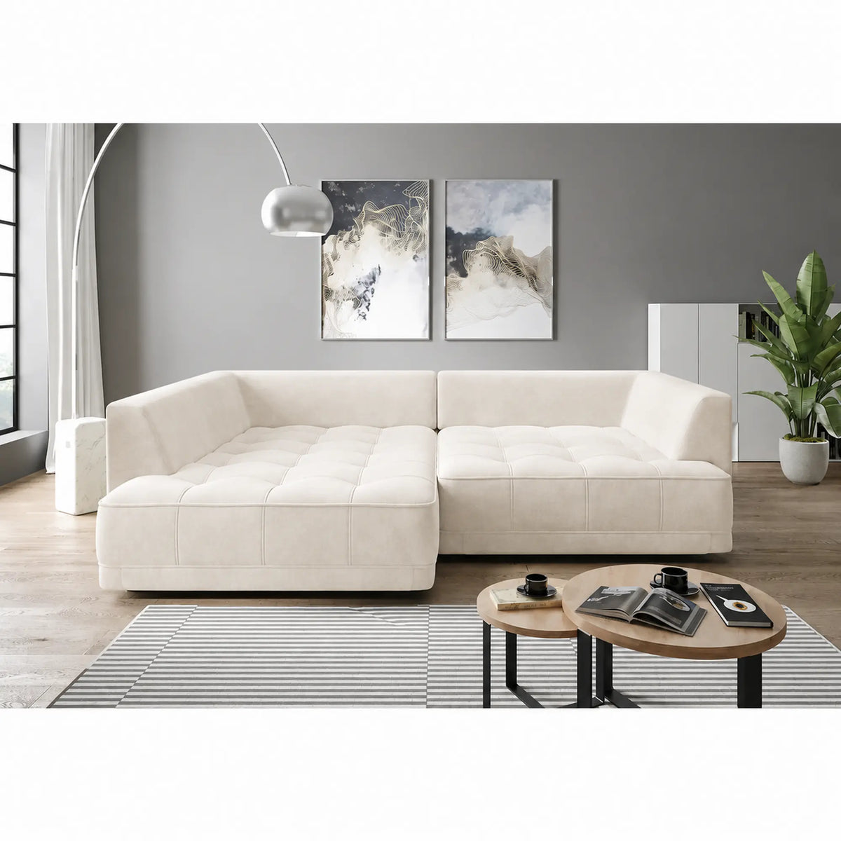 Coltar TIGA, sezlong stanga, stofa catifelata crem - Salvador 01, cu reglaj electric, 286x207x77 cm