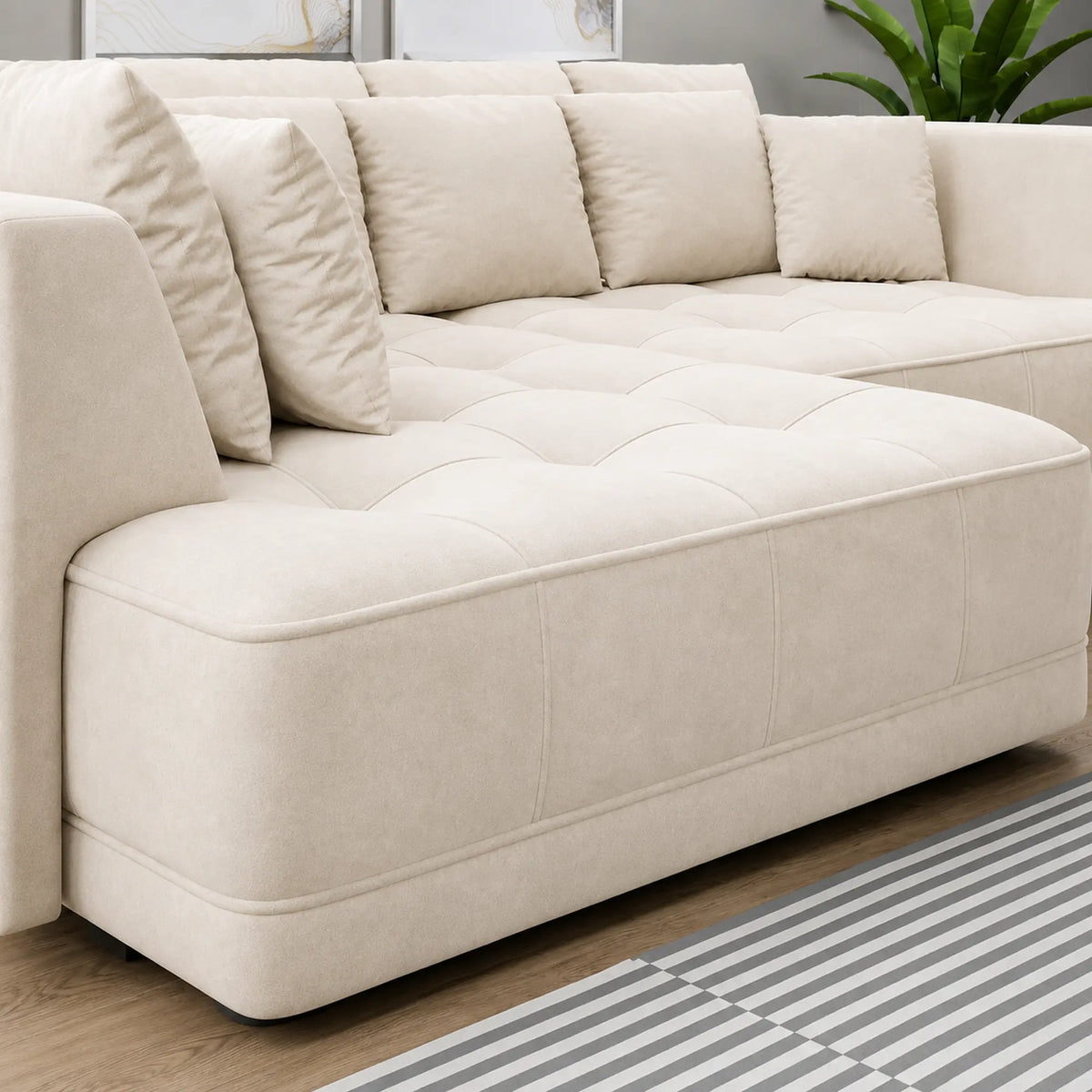 Coltar TIGA, sezlong stanga, stofa catifelata crem - Salvador 01, cu reglaj electric, 286x207x77 cm