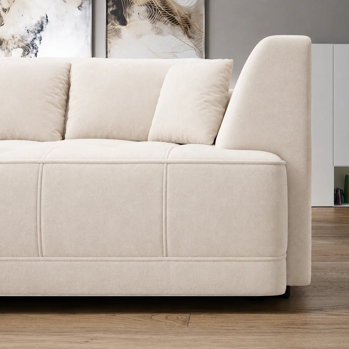 Coltar TIGA, sezlong stanga, stofa catifelata crem - Salvador 01, cu reglaj electric, 286x207x77 cm