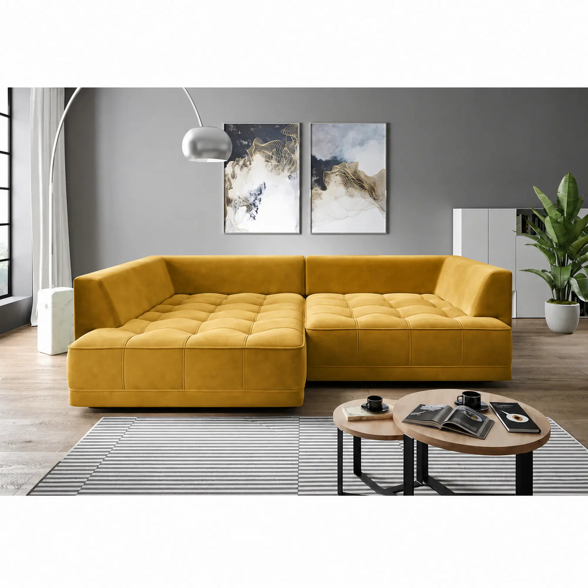 Coltar TIGA, sezlong stanga, stofa catifelata galben - Riviera 41, cu reglaj electric, 286x207x77 cm
