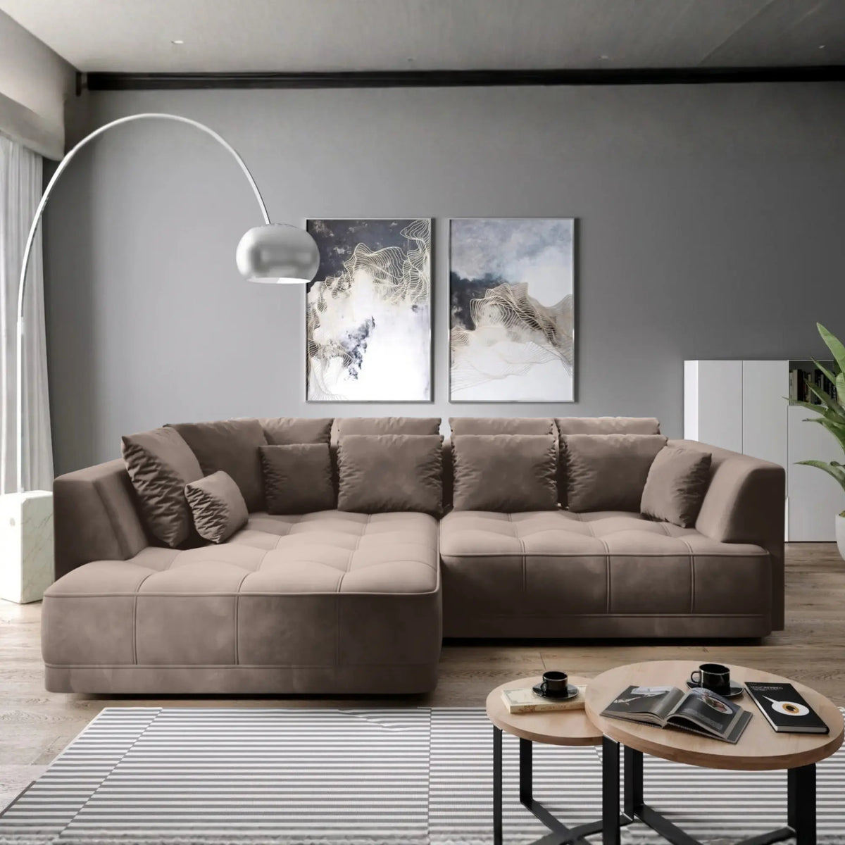 Coltar TIGA, sezlong stanga, stofa catifelata grej - Vogue 4, cu reglaj electric, 286x207x77 cm