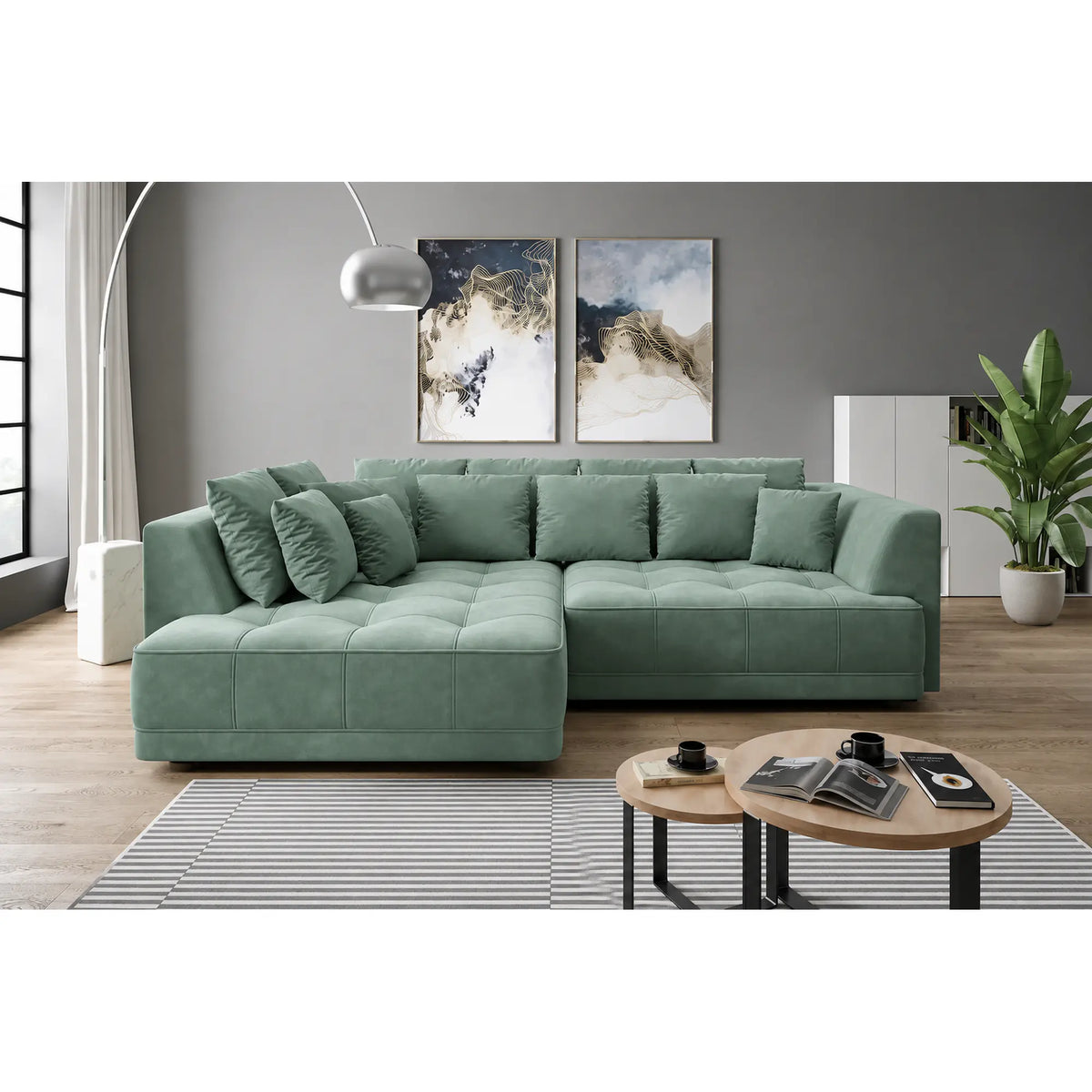 Coltar TIGA, sezlong stanga, stofa catifelata verde - Riviera 34, cu reglaj electric, 286x207x77 cm