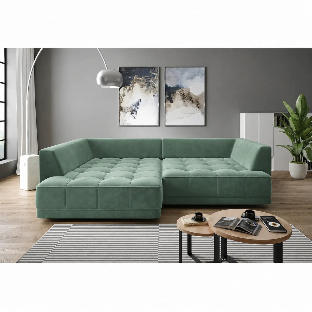 Coltar TIGA, sezlong stanga, stofa catifelata verde - Riviera 34, cu reglaj electric, 286x207x77 cm