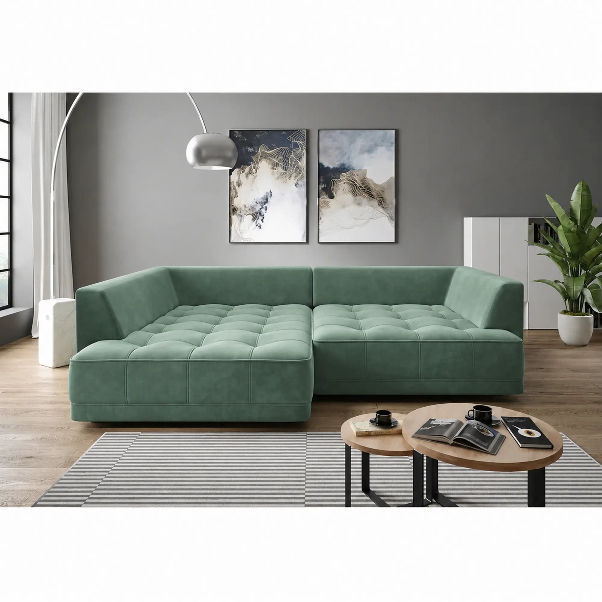 Coltar TIGA, sezlong stanga, stofa catifelata verde - Riviera 34, cu reglaj electric, 286x207x77 cm