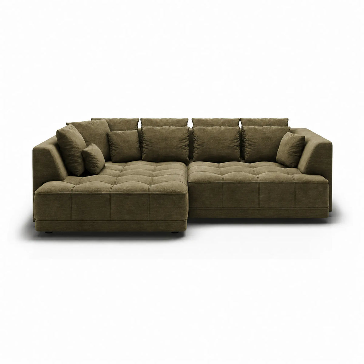 Coltar TIGA, sezlong stanga, stofa catifelata verde olive - Palladium 10, cu reglaj electric, 286x207x77 cm