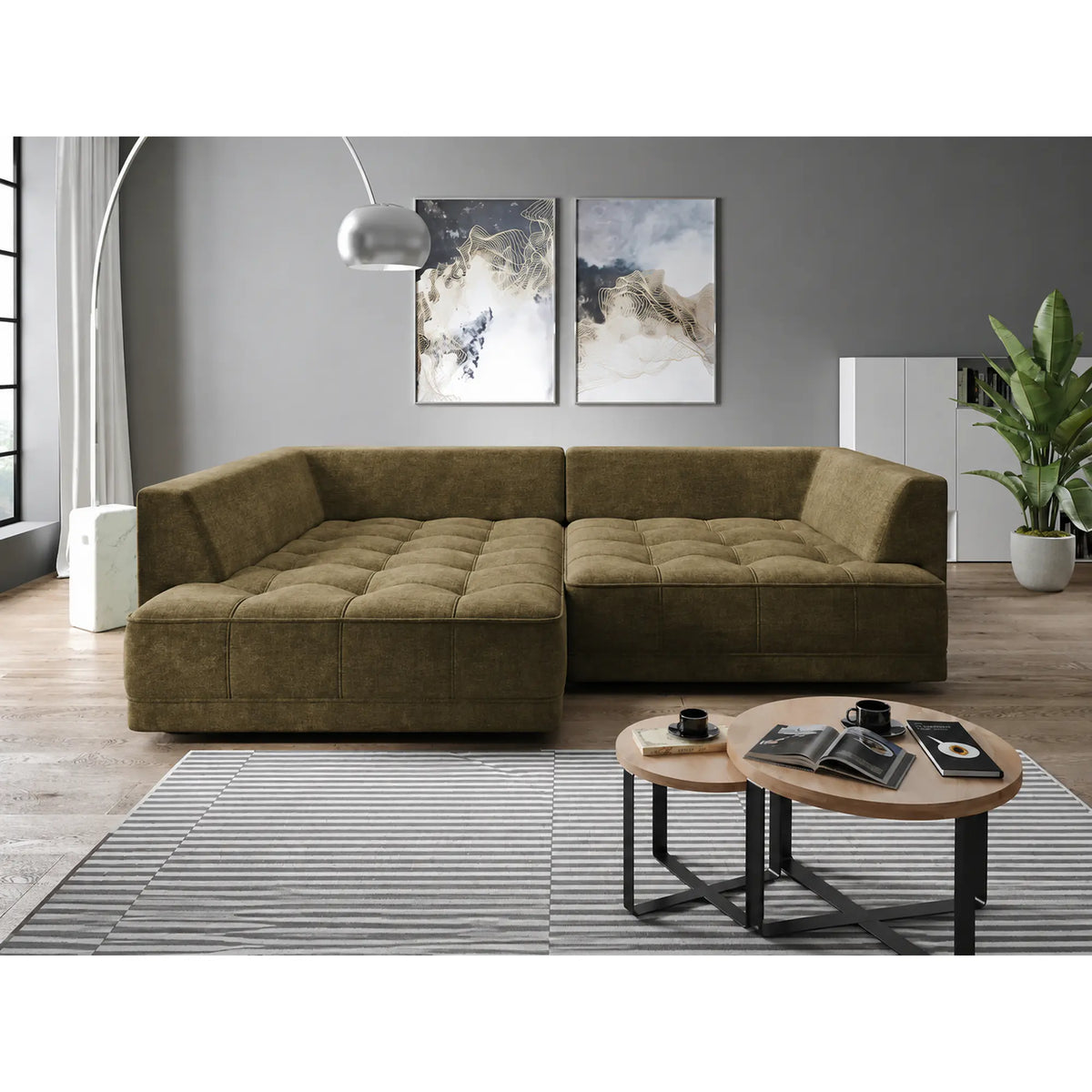 Coltar TIGA, sezlong stanga, stofa catifelata verde olive - Palladium 10, cu reglaj electric, 286x207x77 cm